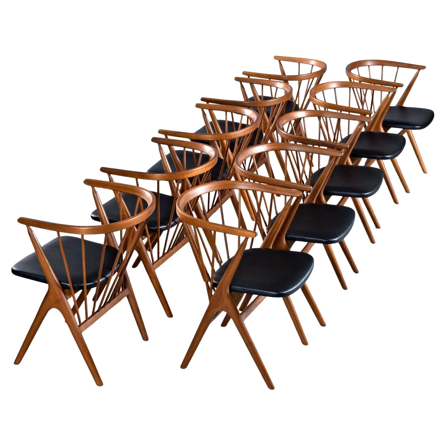 10 Spindle Back Ox Bow Solid Teak Danish Dining Chairs No. 8 by Helge Sibast For Sale