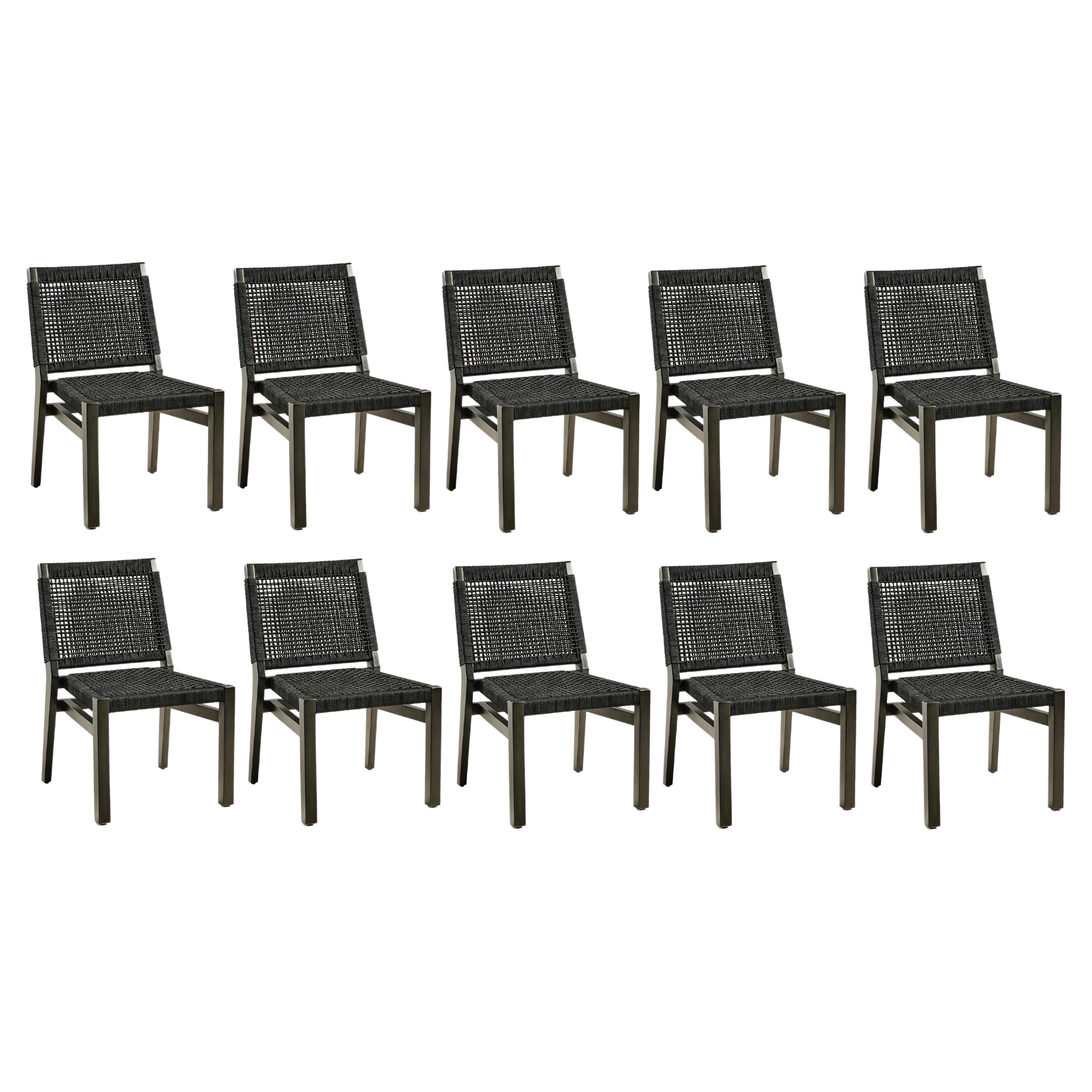 Modern 10 Stackable Outdoor Dining Chairs, Wood / Rope For Sale