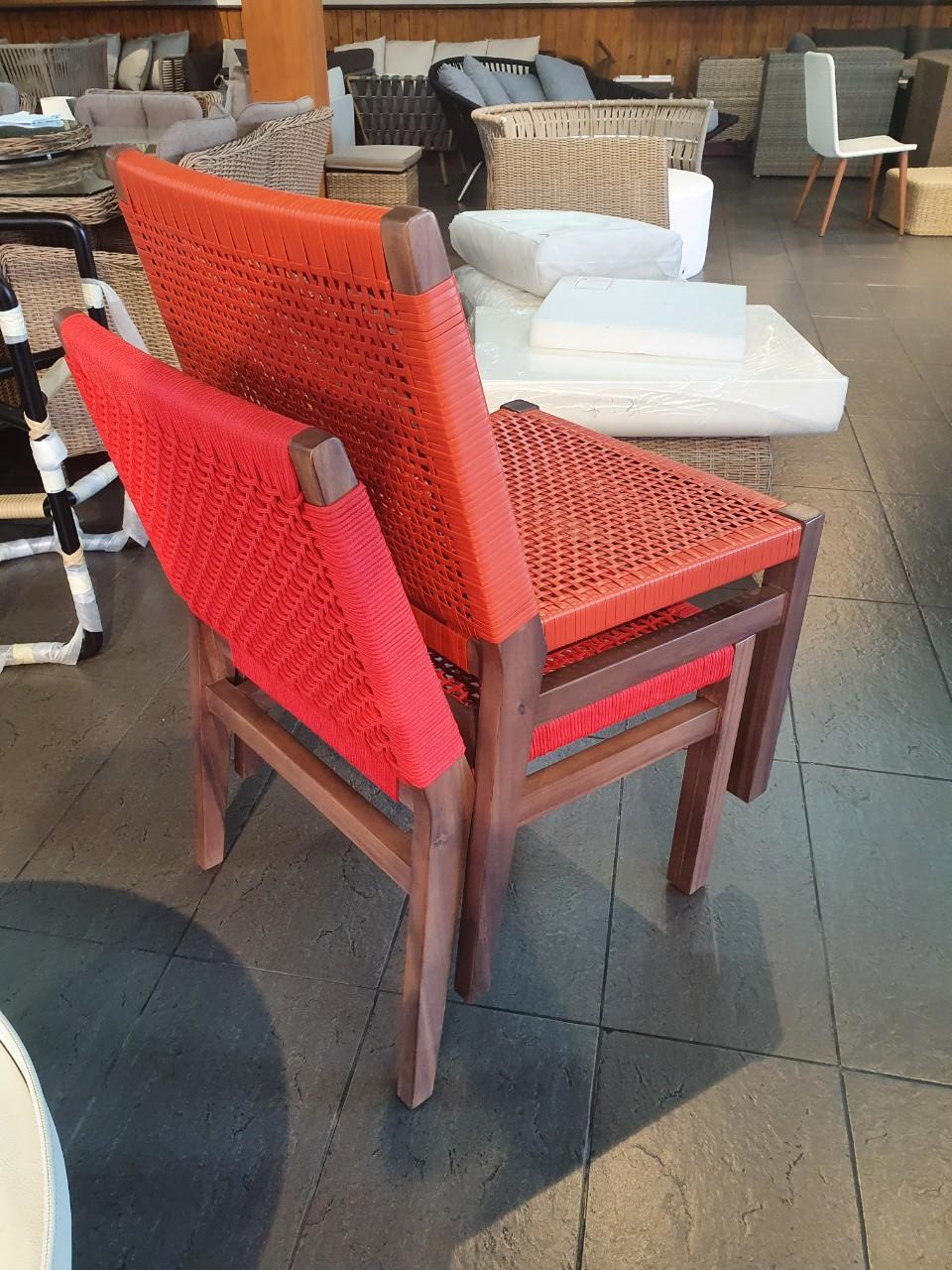 10 Stackable Outdoor Dining Chairs, Wood / Rope In New Condition For Sale In New York, NY