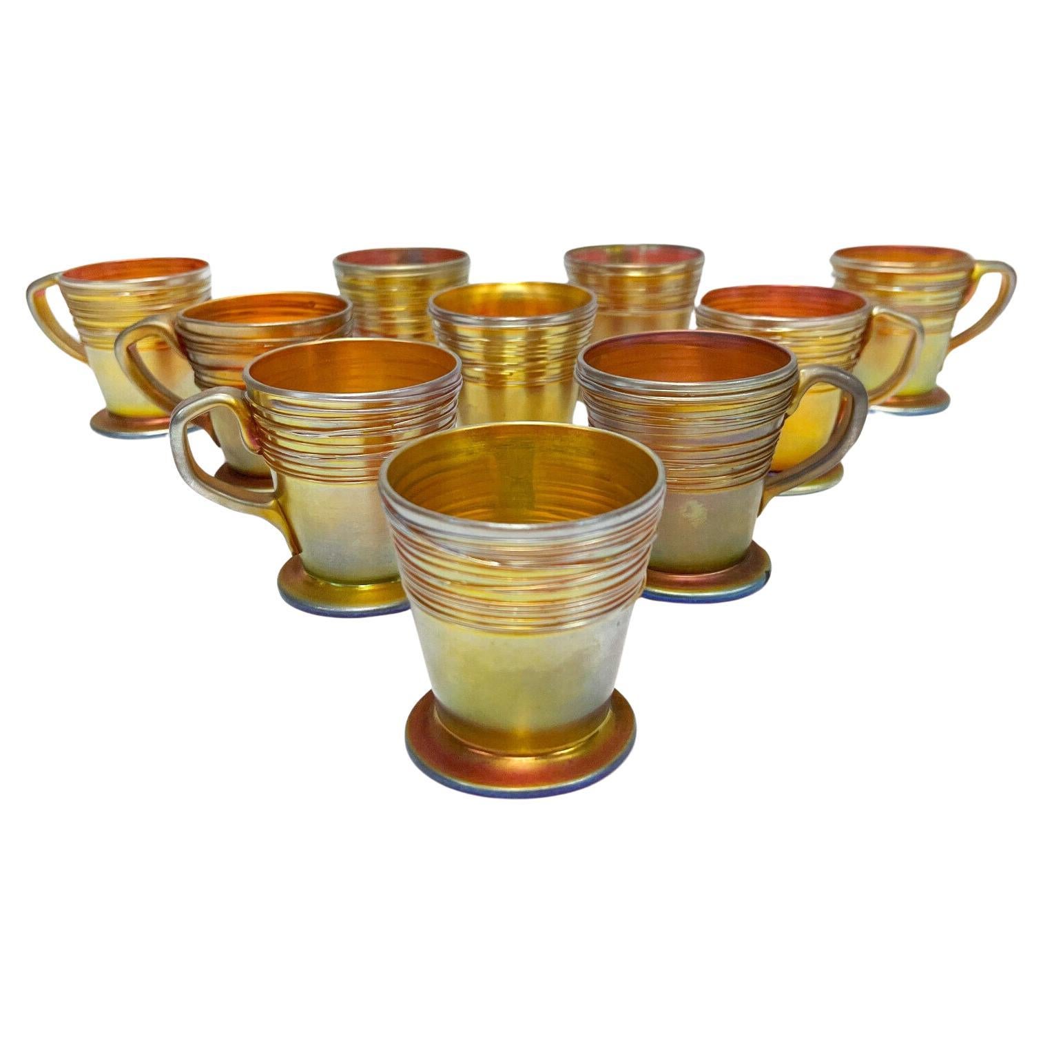  10 Steuben 4 ounce Gold Aurene Handled Threaded Cocktail Glass Cups #6333 For Sale
