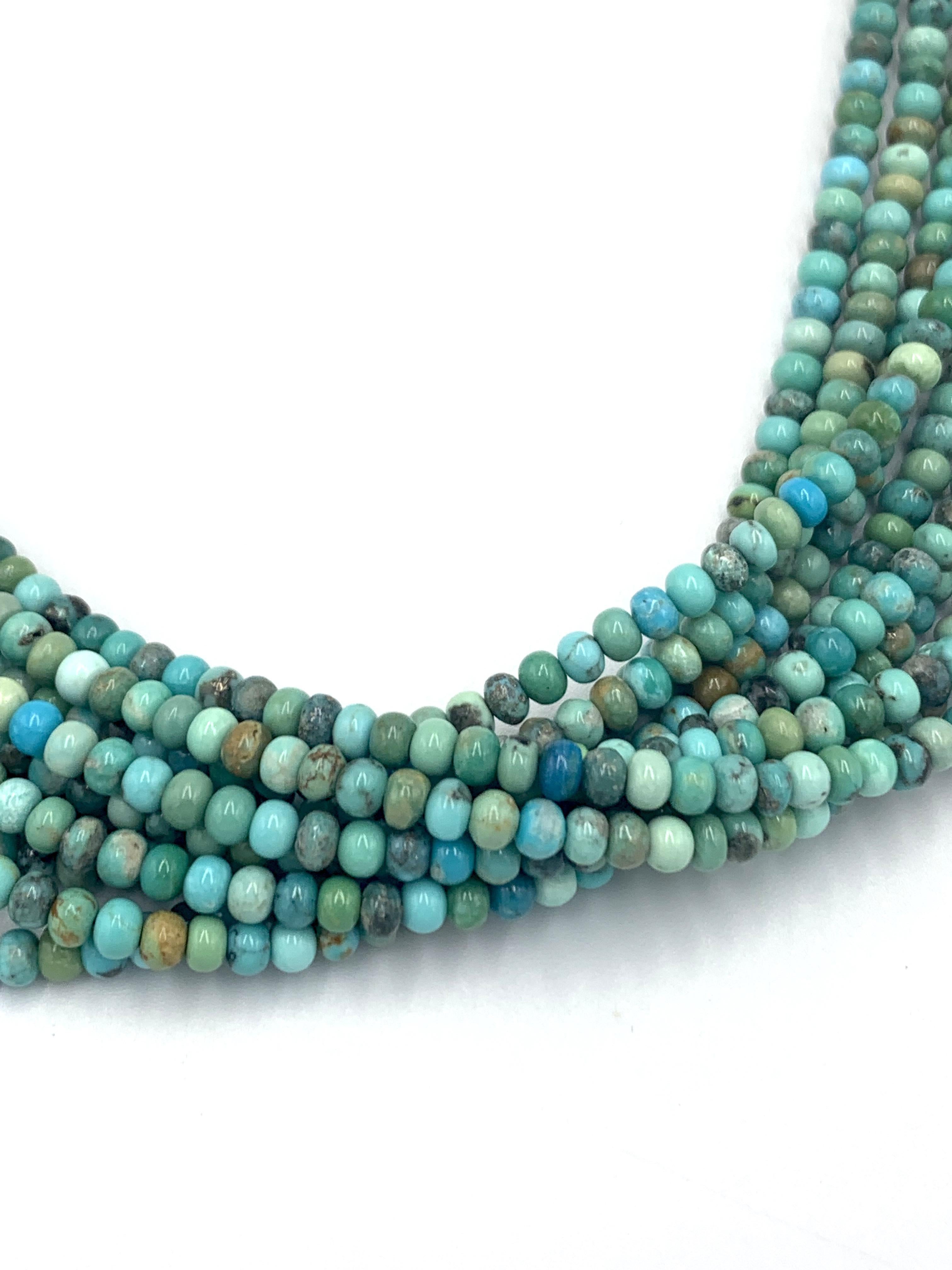 Nativo americano Collana di perline di turchese a 10 fili arrotolati a mano in vendita