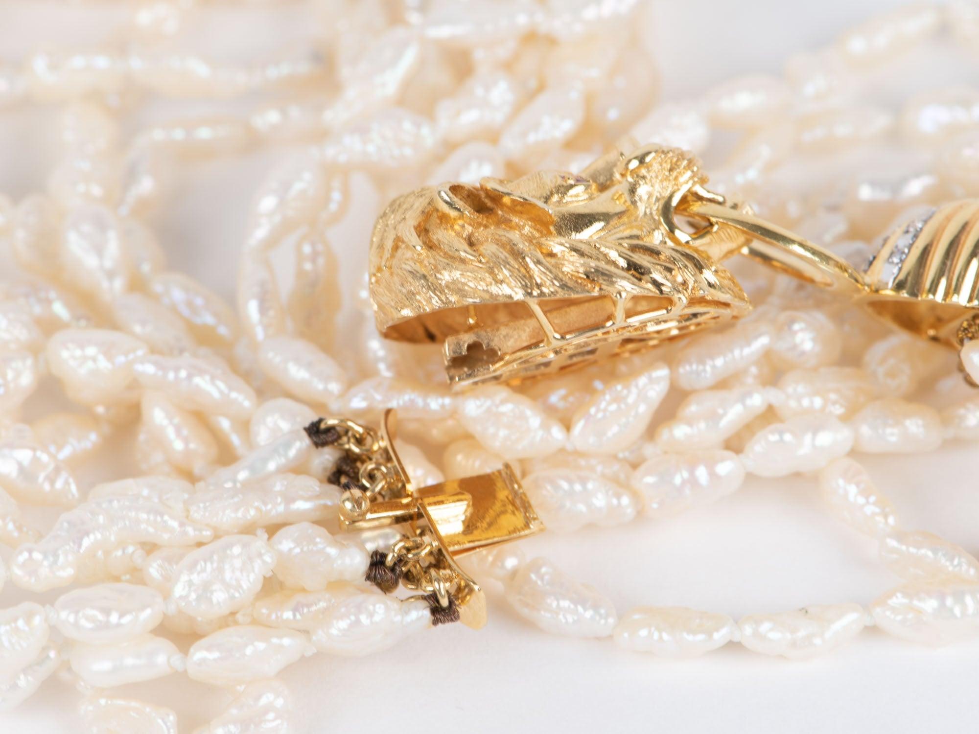 da uomo o donna Collana di perle a 10 fili con chiusura a testa di leone in oro 14K con diamanti in vendita