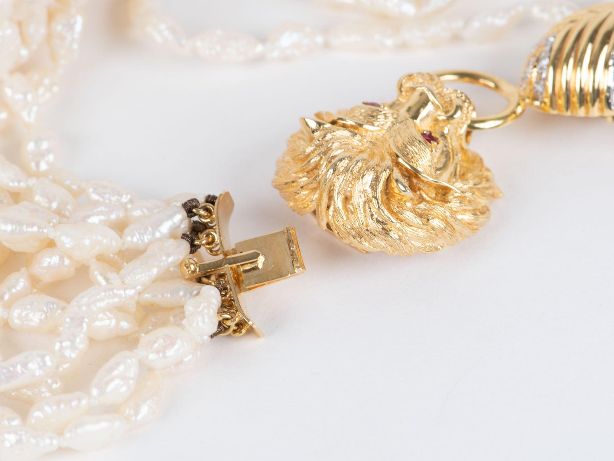 Collana di perle a 10 fili con chiusura a testa di leone in oro 14K con diamanti in vendita 1