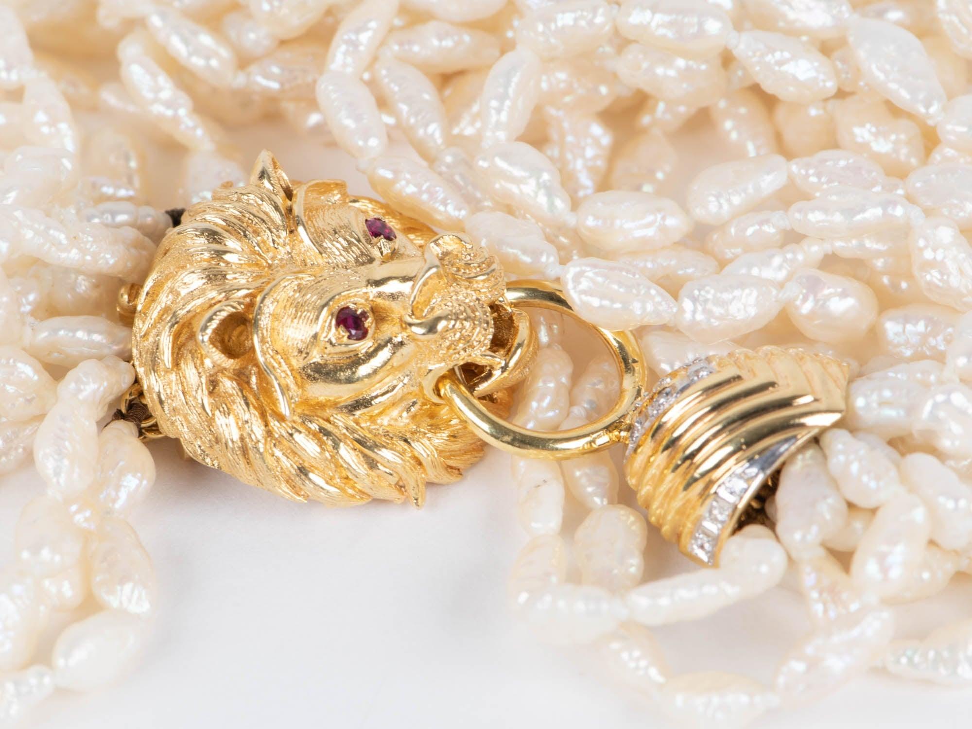 Collana di perle a 10 fili con chiusura a testa di leone in oro 14K con diamanti in vendita 2