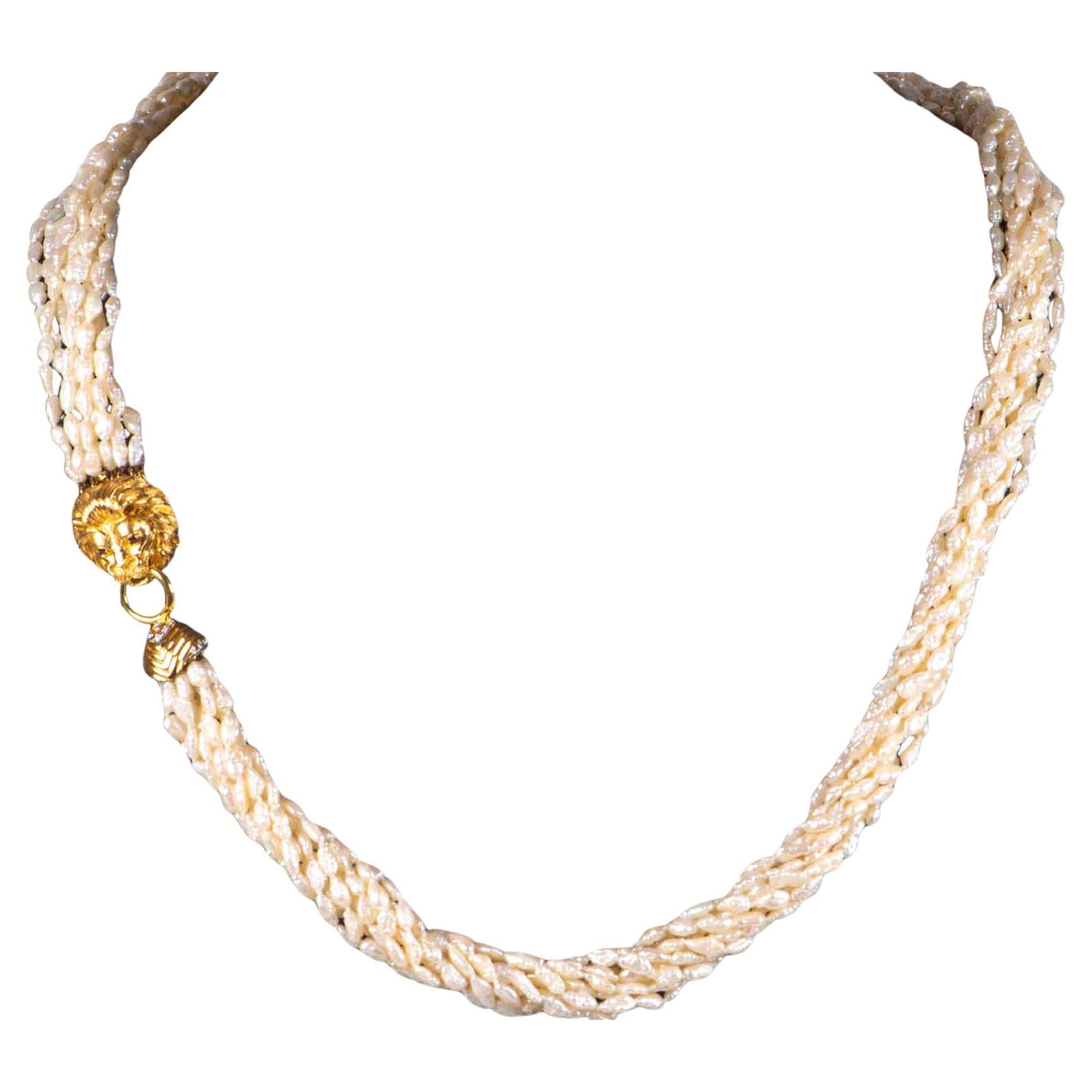 Collana di perle a 10 fili con chiusura a testa di leone in oro 14K con diamanti