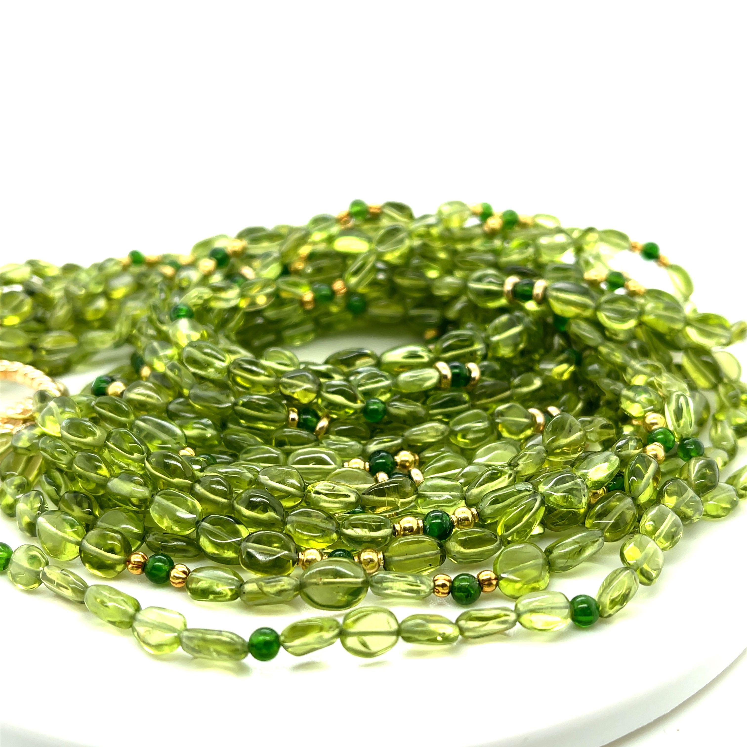 Artisan 10-Strand Peridot & Chrome Diopside Torsade Necklace with Yellow Gold Accents  For Sale