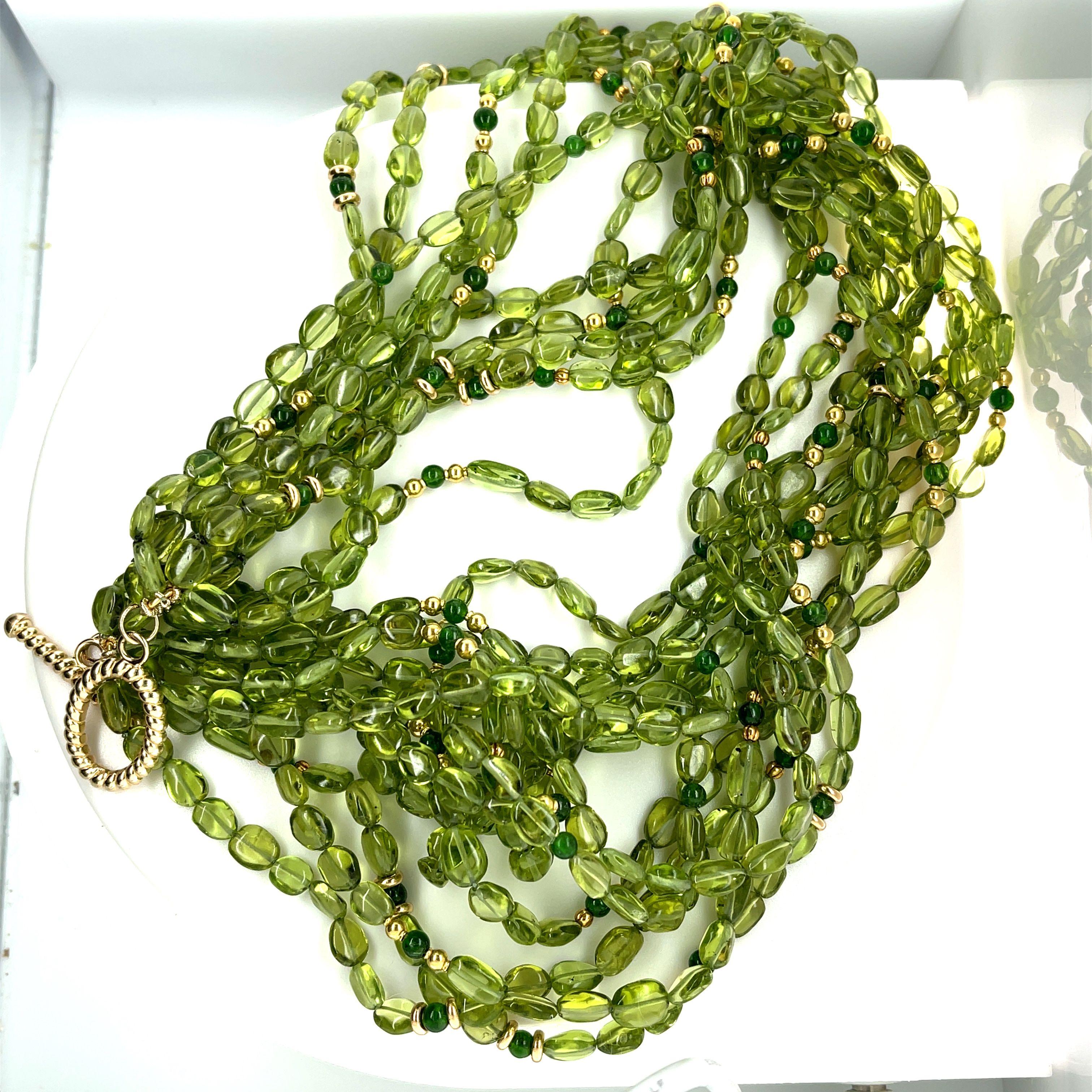 Bead 10-Strand Peridot & Chrome Diopside Torsade Necklace with Yellow Gold Accents  For Sale