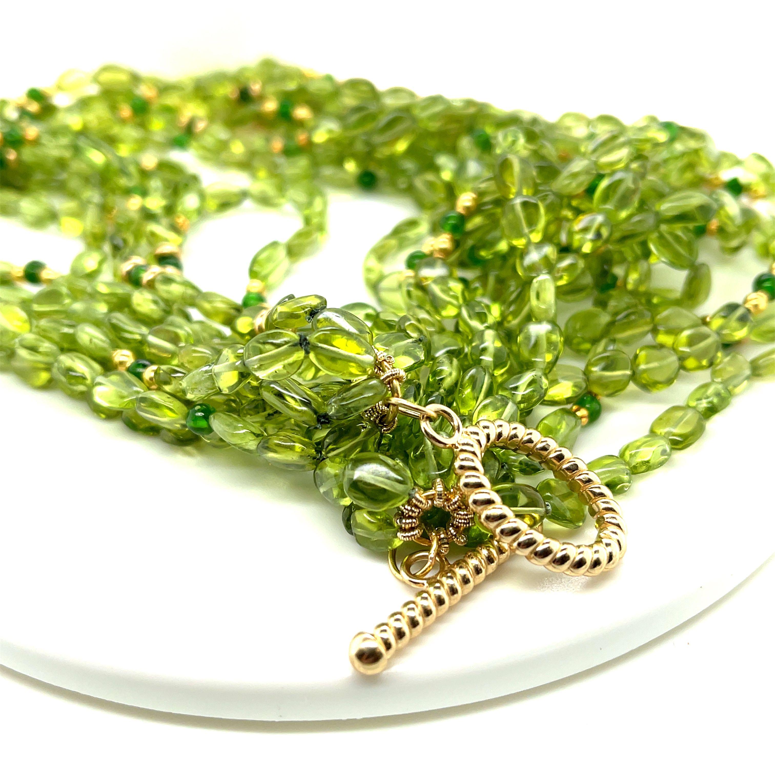 10-Strand Peridot & Chrome Diopside Torsade Necklace with Yellow Gold Accents  In New Condition For Sale In Los Angeles, CA