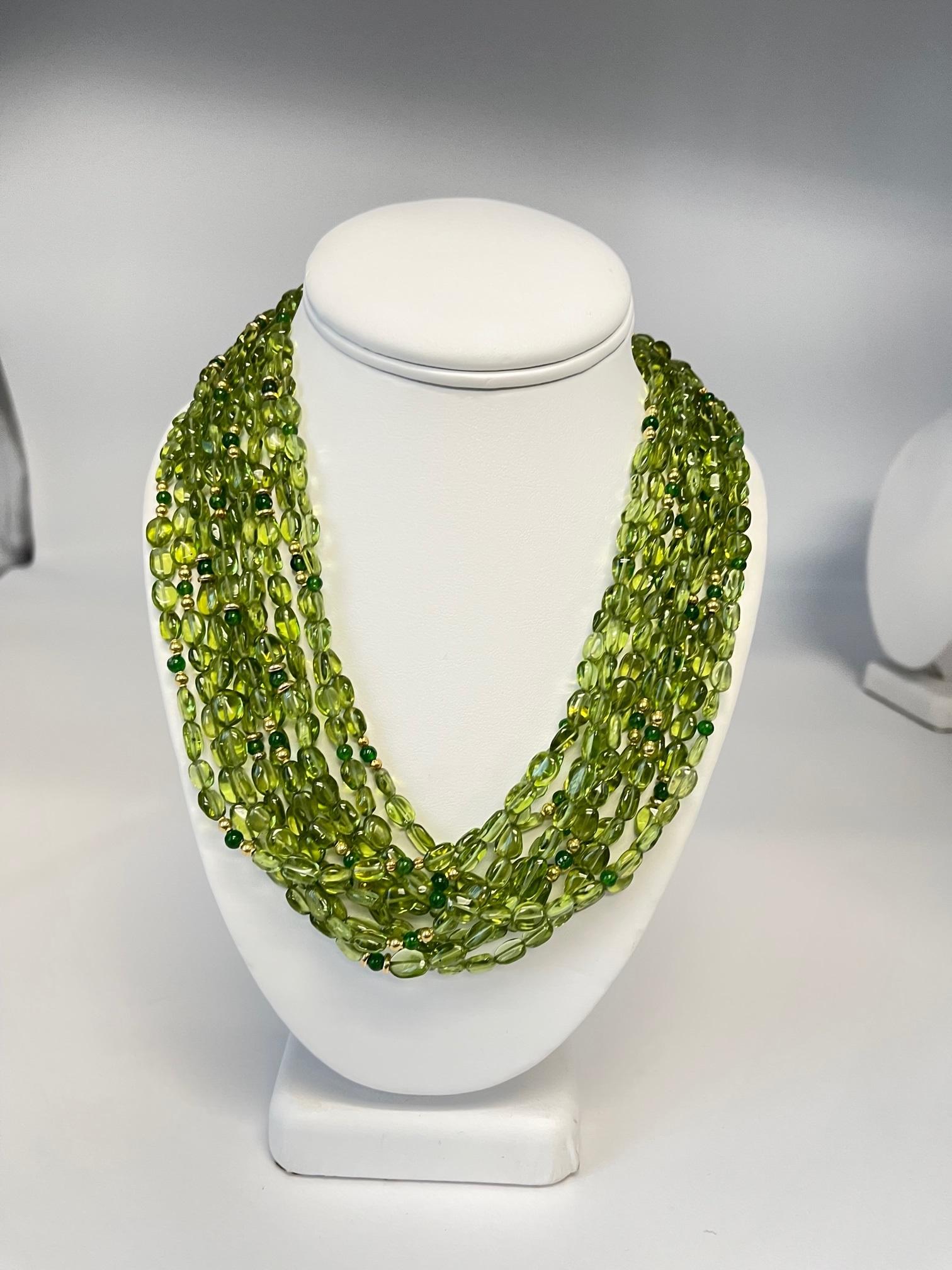 10-Strand Peridot & Chrome Diopside Torsade Necklace with Yellow Gold Accents  For Sale 1