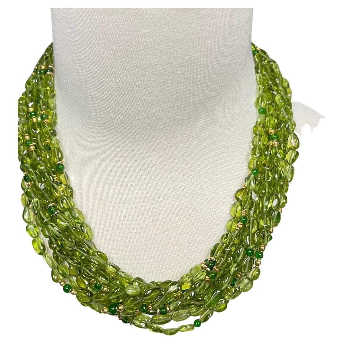10-Strand Peridot & Chrome Diopside Torsade Necklace with Yellow Gold Accents  For Sale