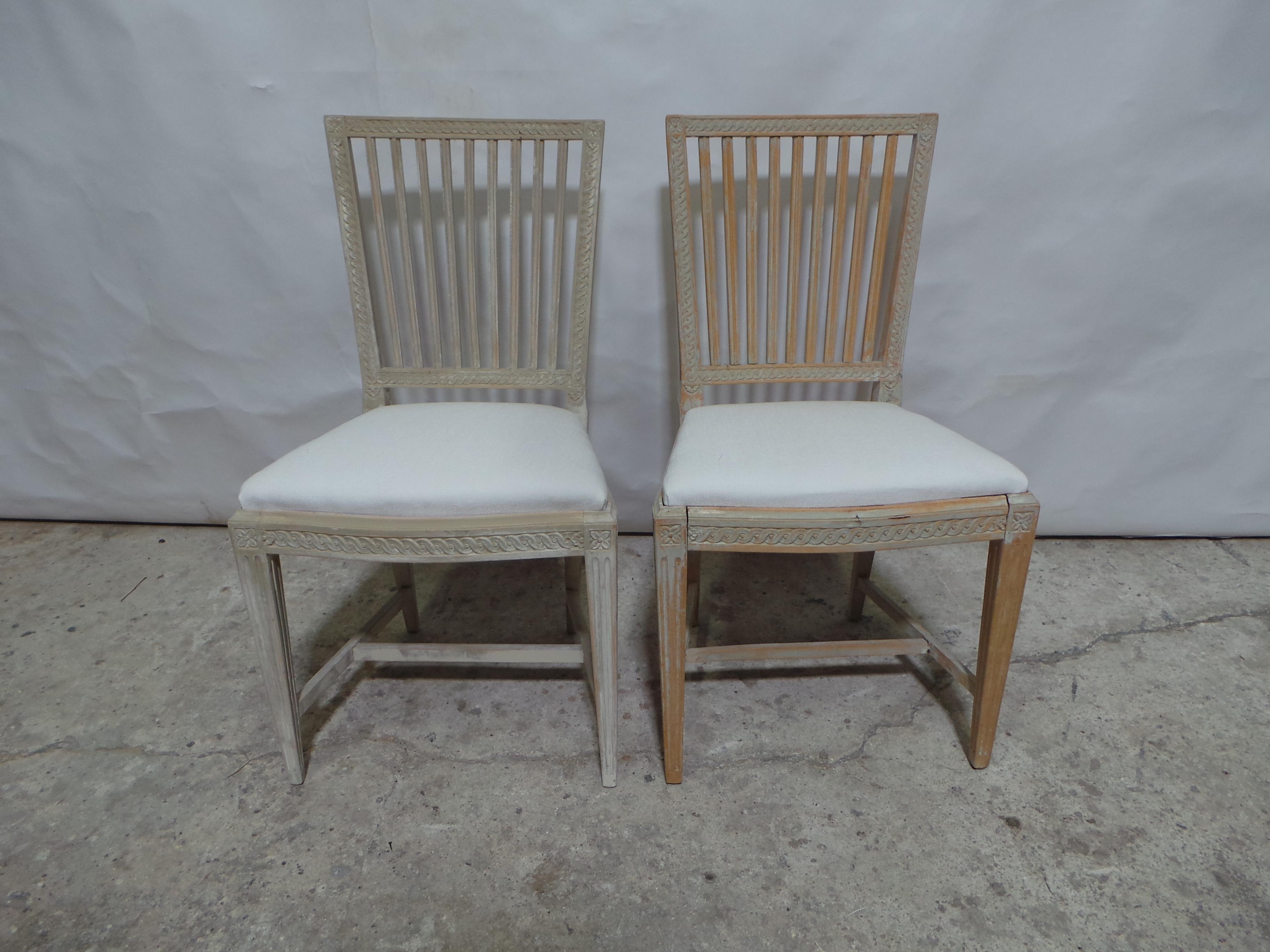This is a very Rare set of 10 Swedish Gustavian style side chairs in 100% Original painted finish.    all the seating has been restored and waiting for you to put your finished material on.

1 chairs paint is warn off in some places, we think it was