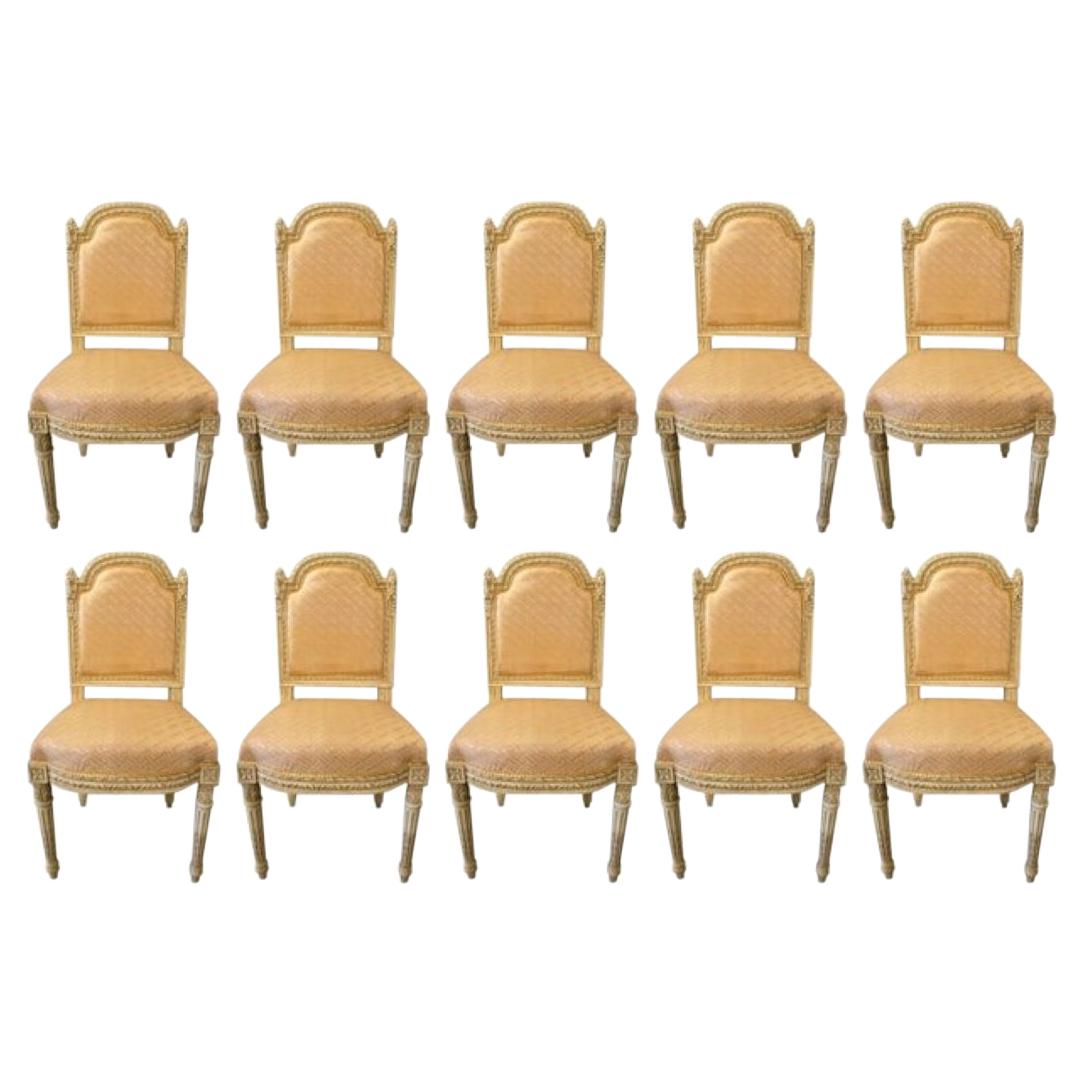 10 chaises de salle à manger / chaises d'appoint suédoises de style Louis XVI avec cadres peints et sculptés Nouveau tissu