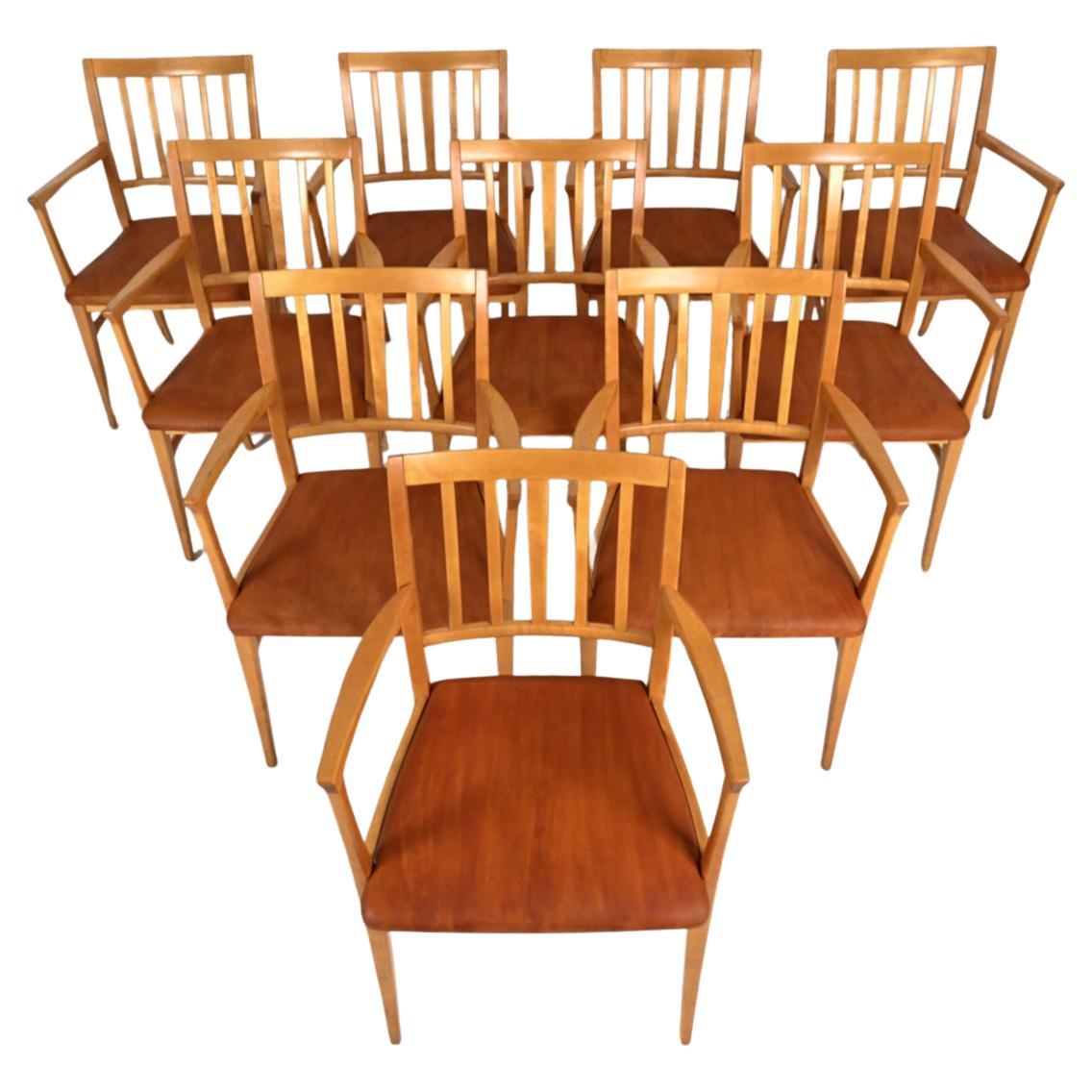 Scandinave moderne 10 chaises de salle à manger suédoises à dossier à lattes, conçues par Carl Malmsten, dans le style moderne du milieu du siècle dernier en vente