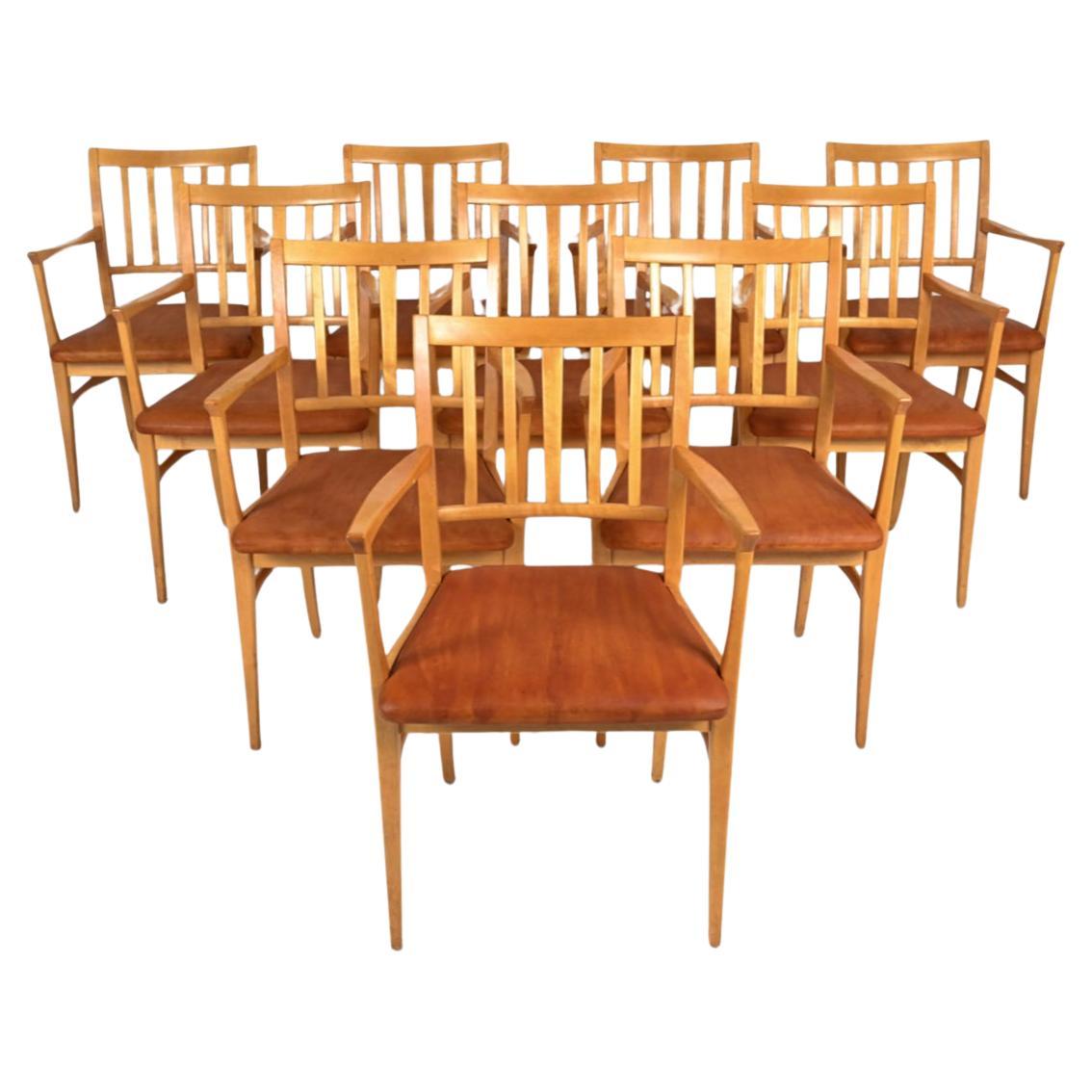 10 chaises de salle à manger suédoises à dossier à lattes, conçues par Carl Malmsten, dans le style moderne du milieu du siècle dernier en vente