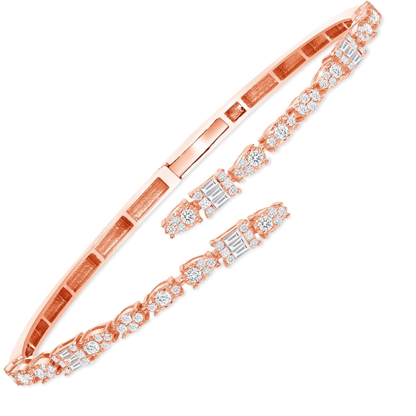 1.0 tcw 18K Rose Gold Cuff Diamond Bangle, Wrap Diamond Bangle, Illusion Bangle

Wrap your wrist with this gorgeous diamond-lined bracelet that sparkles when you move. The setting of round and princess cut diamonds are delicately put to have an