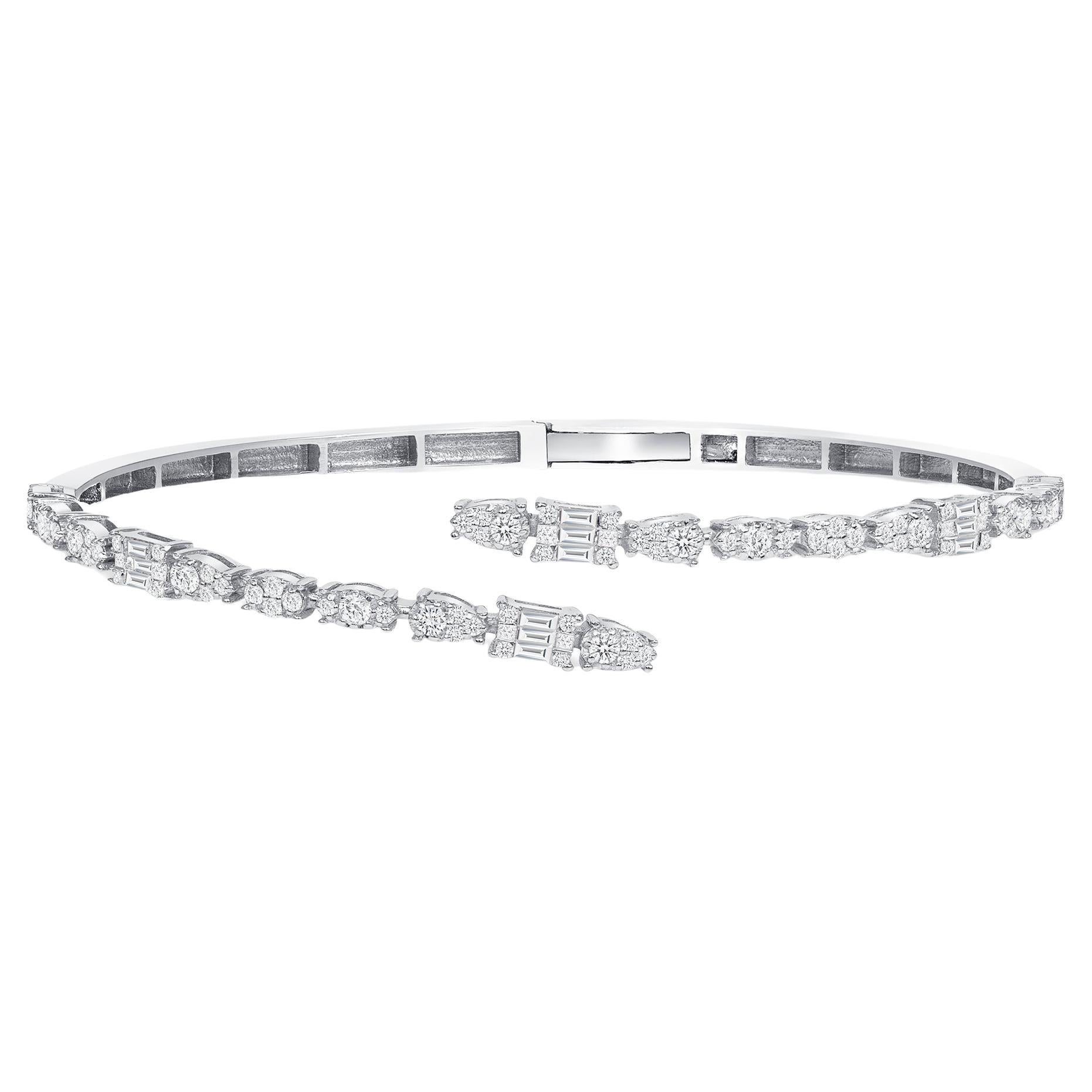 Bracelet manchette en or blanc 18 carats avec diamants 1,0 carat, bracelet jonc enveloppant et bracelet illusion
