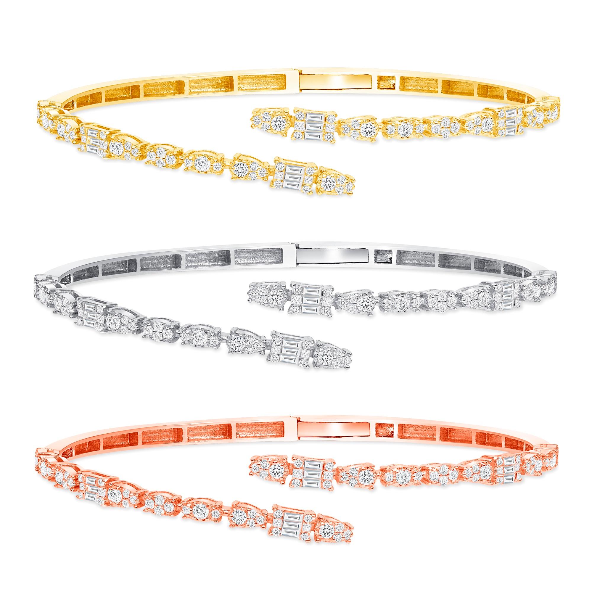 Princess Cut 1.0 tcw 18K Yellow Gold Cuff Diamond Bangle, Wrap Diamond Bangle Illusion Bangle