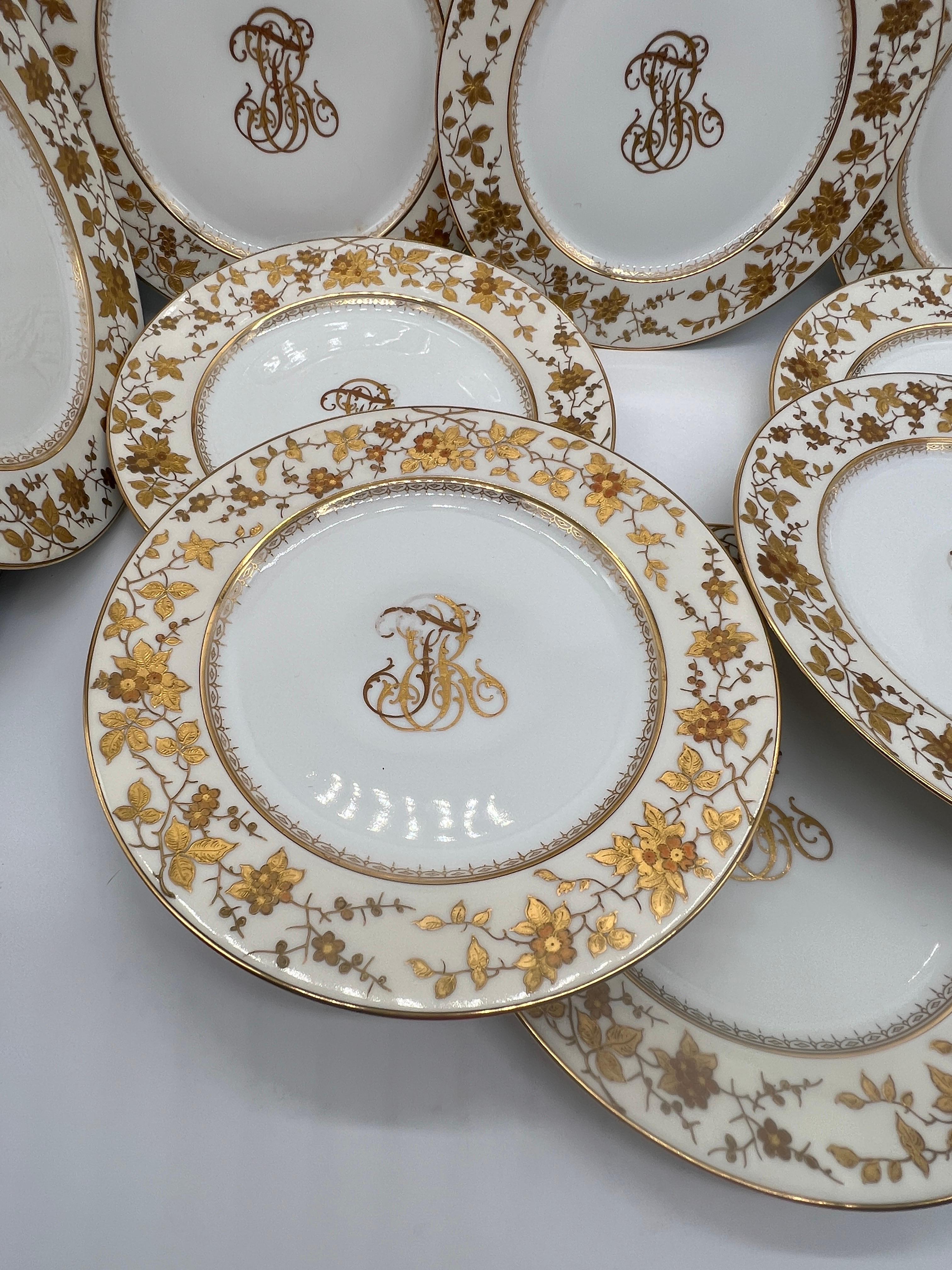 Belle Époque (10) Ten Fischer & Mieg Pirkenhammer Gilt Vine Encrusted Porcelain Dinner Plates For Sale