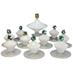 10 Venetian Art Glass Latticino Stripe Lidded Compotes and Saucers, circa 1940