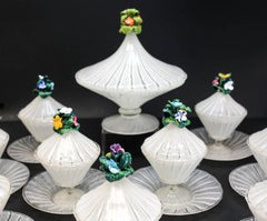10 Venetian Art Glass Latticino Stripe Lidded Compotes and Saucers, circa 1940