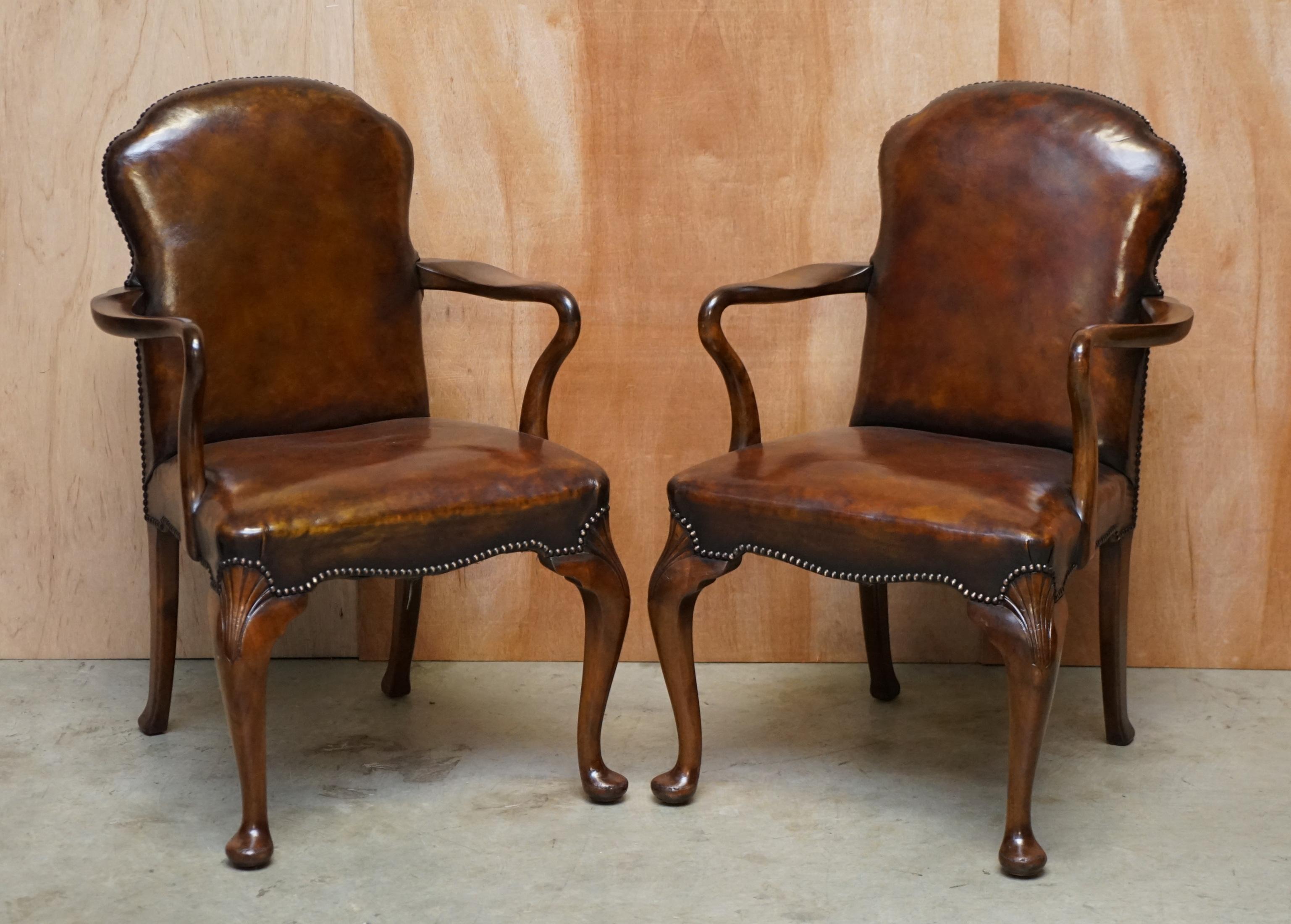10 Victorian 1880 Walnut Shepherds Crook Hand Dyed Brown Leather Dining Chairs 6