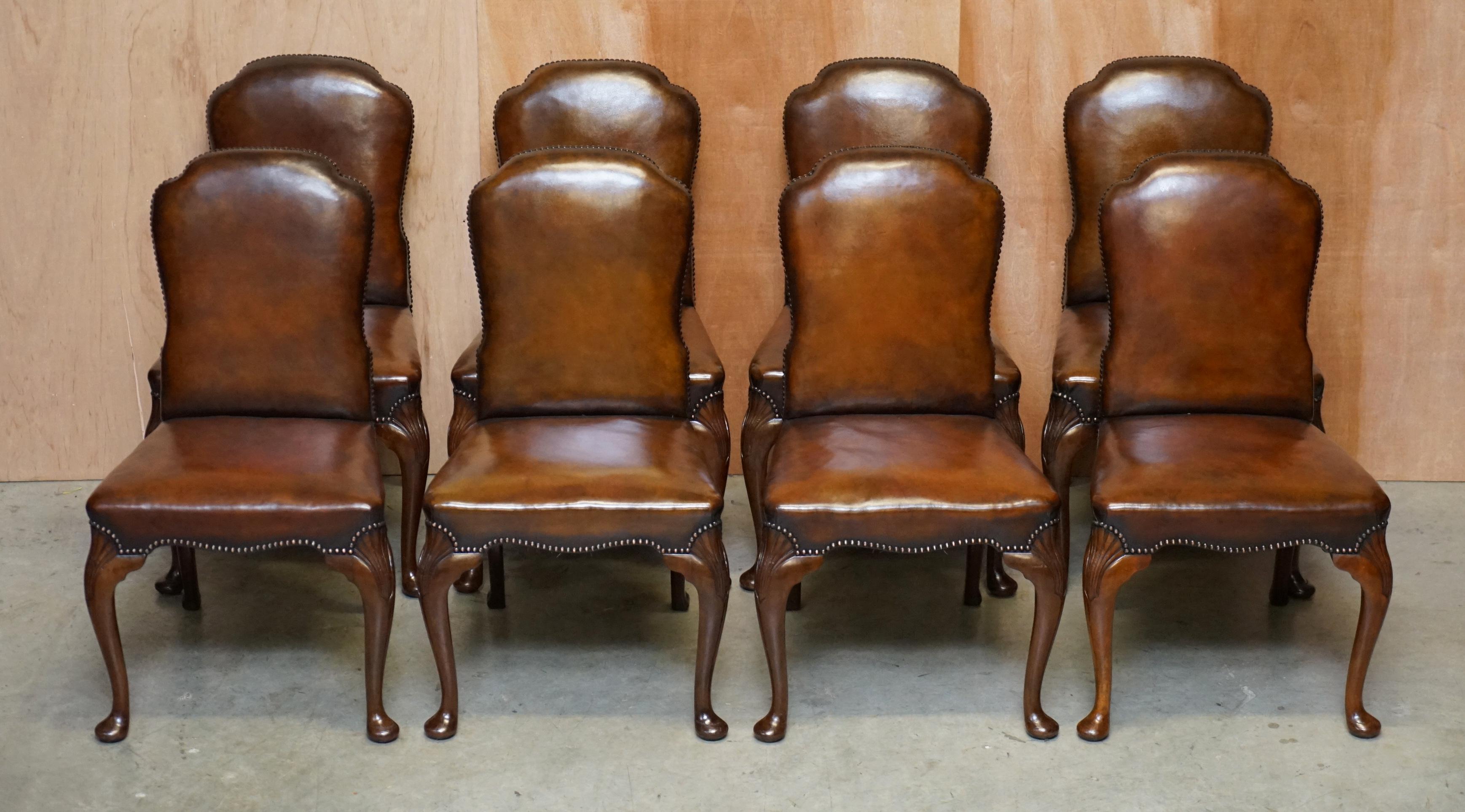 We are delighted to offer for sale this very rare suite of ten original fully restored Victoria Walnut framed cabriolet legged dining chairs with cigar brown leather upholstery 

These chairs are available as a set of ten, I also have a set of six