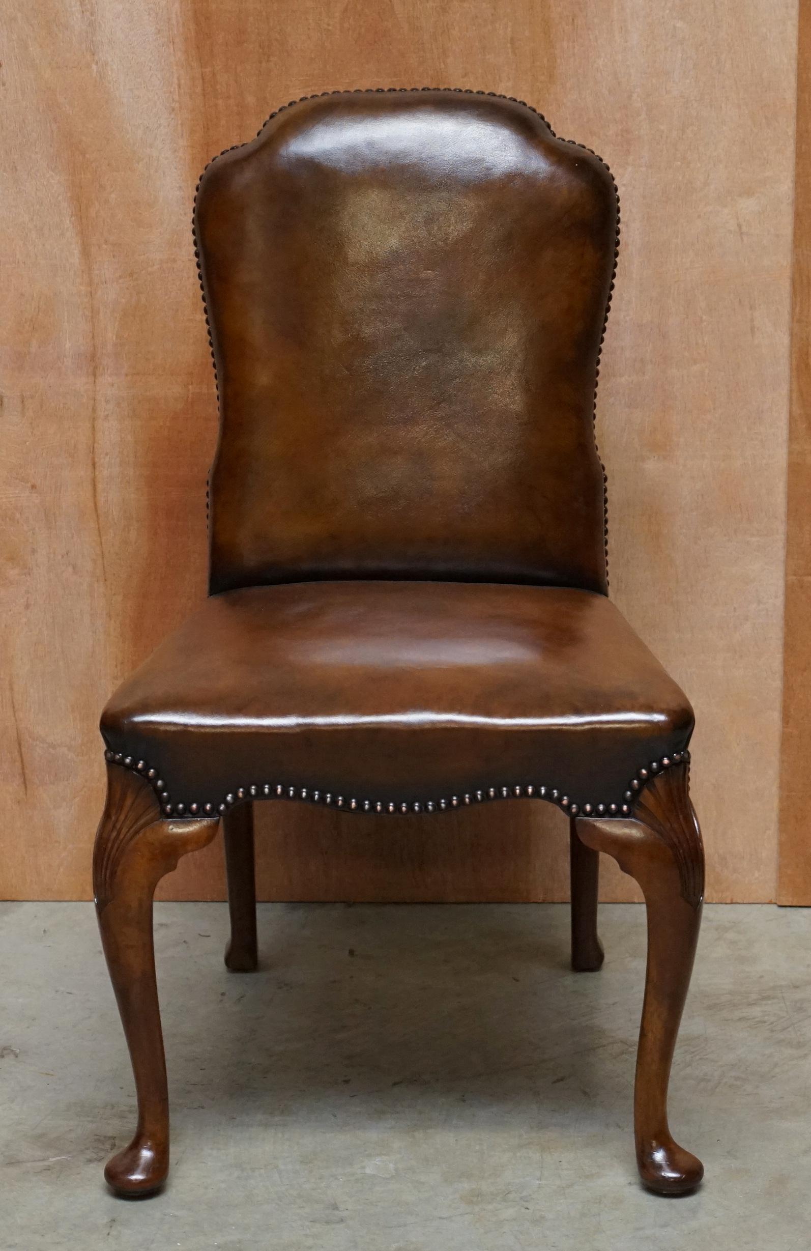 English 10 Victorian 1880 Walnut Shepherds Crook Hand Dyed Brown Leather Dining Chairs