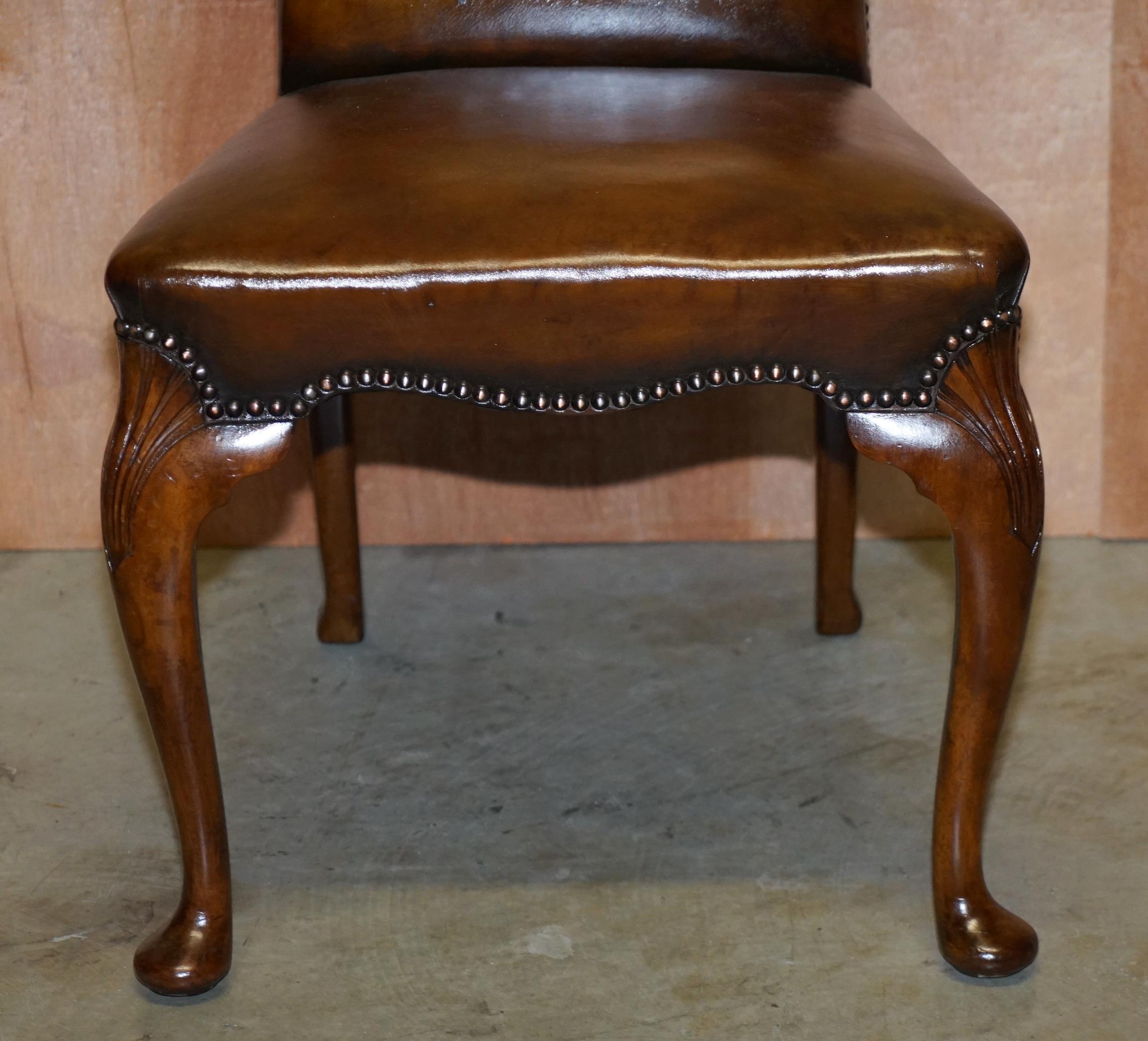 Hand-Crafted 10 Victorian 1880 Walnut Shepherds Crook Hand Dyed Brown Leather Dining Chairs