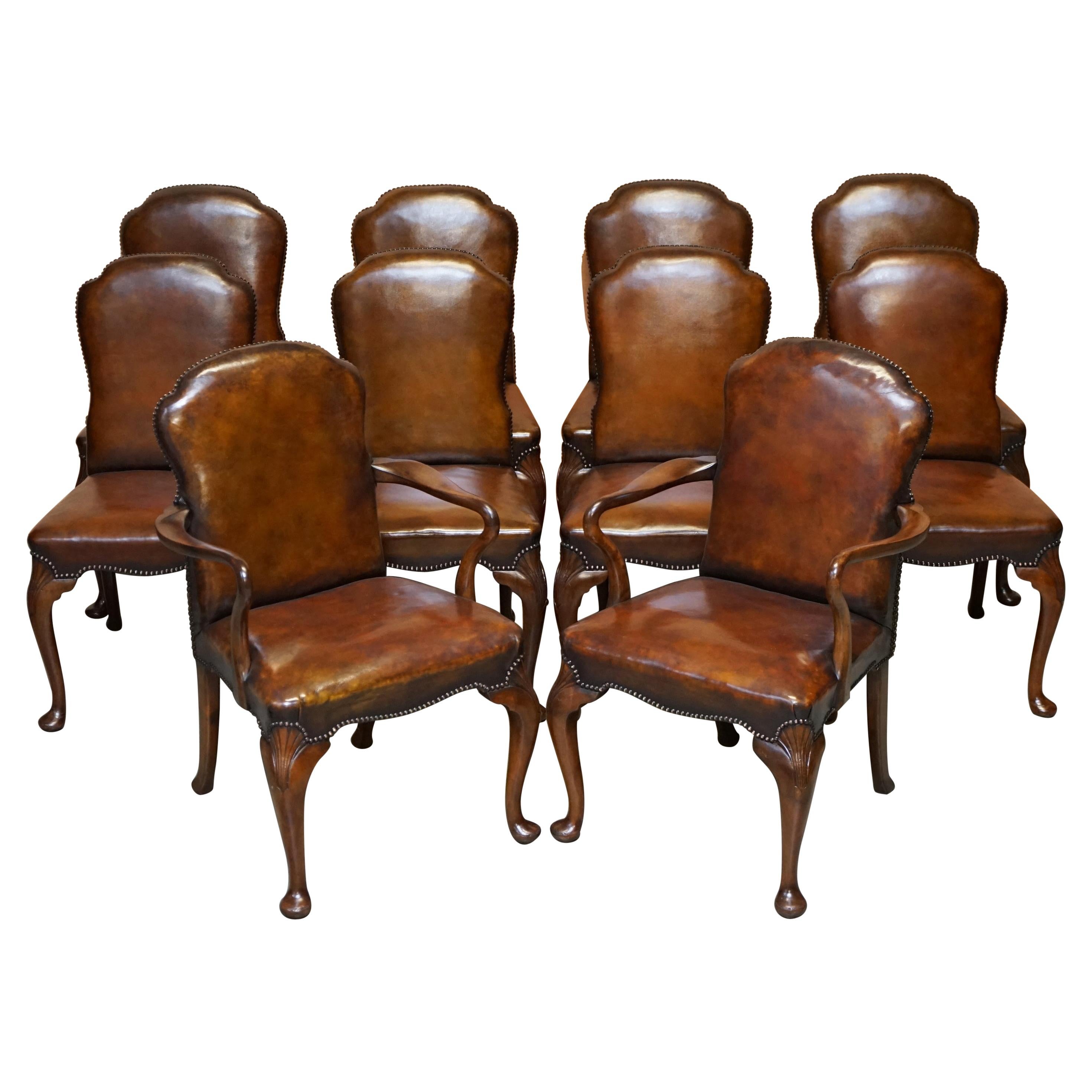 10 Victorian 1880 Walnut Shepherds Crook Hand Dyed Brown Leather Dining Chairs