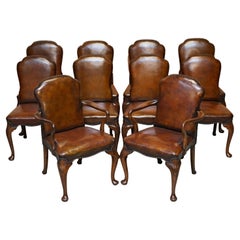 Antique 10 Victorian 1880 Walnut Shepherds Crook Hand Dyed Brown Leather Dining Chairs