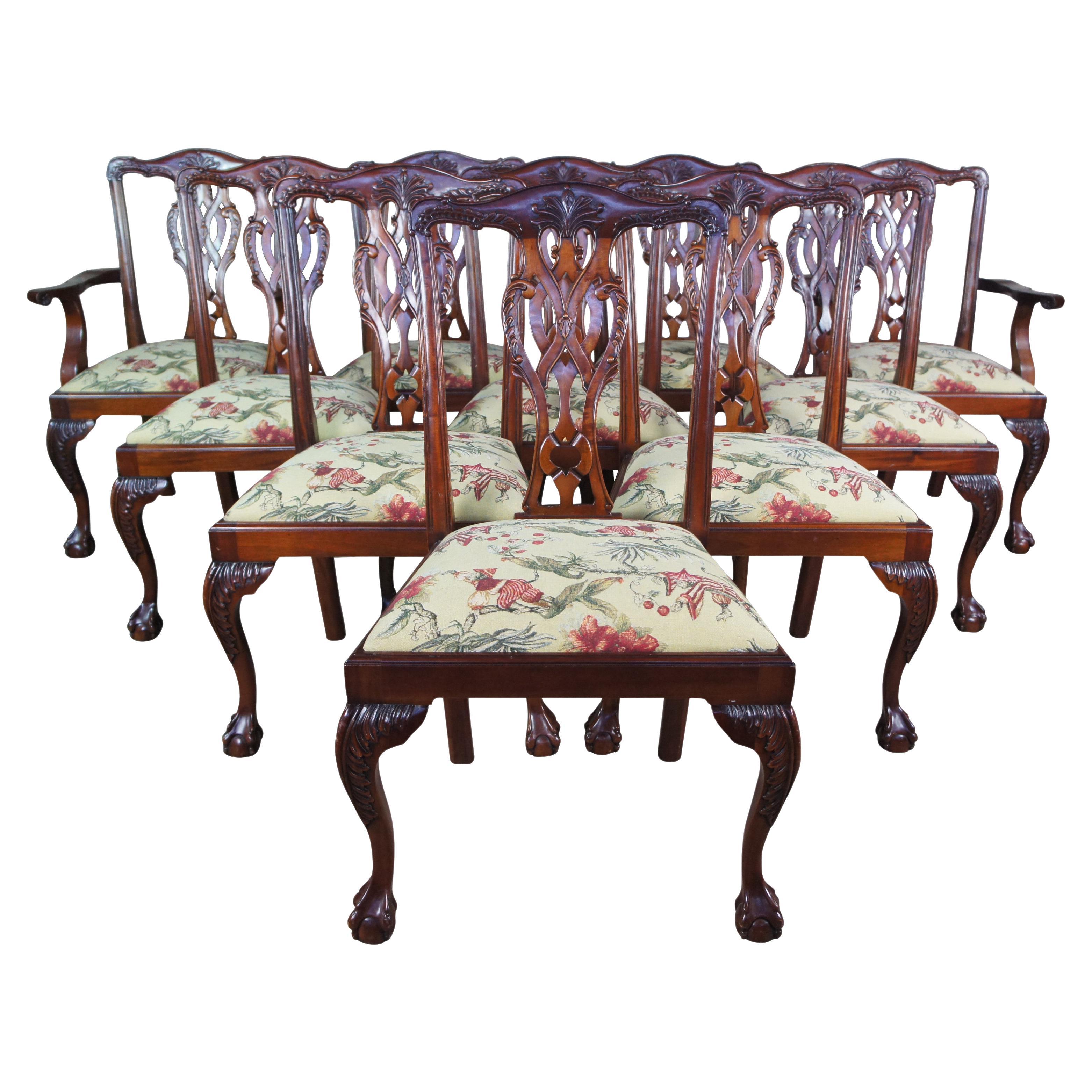 10 Vintage Chippendale Carved Mahogany Pretzel Back Ball & Claw Dining Chairs 