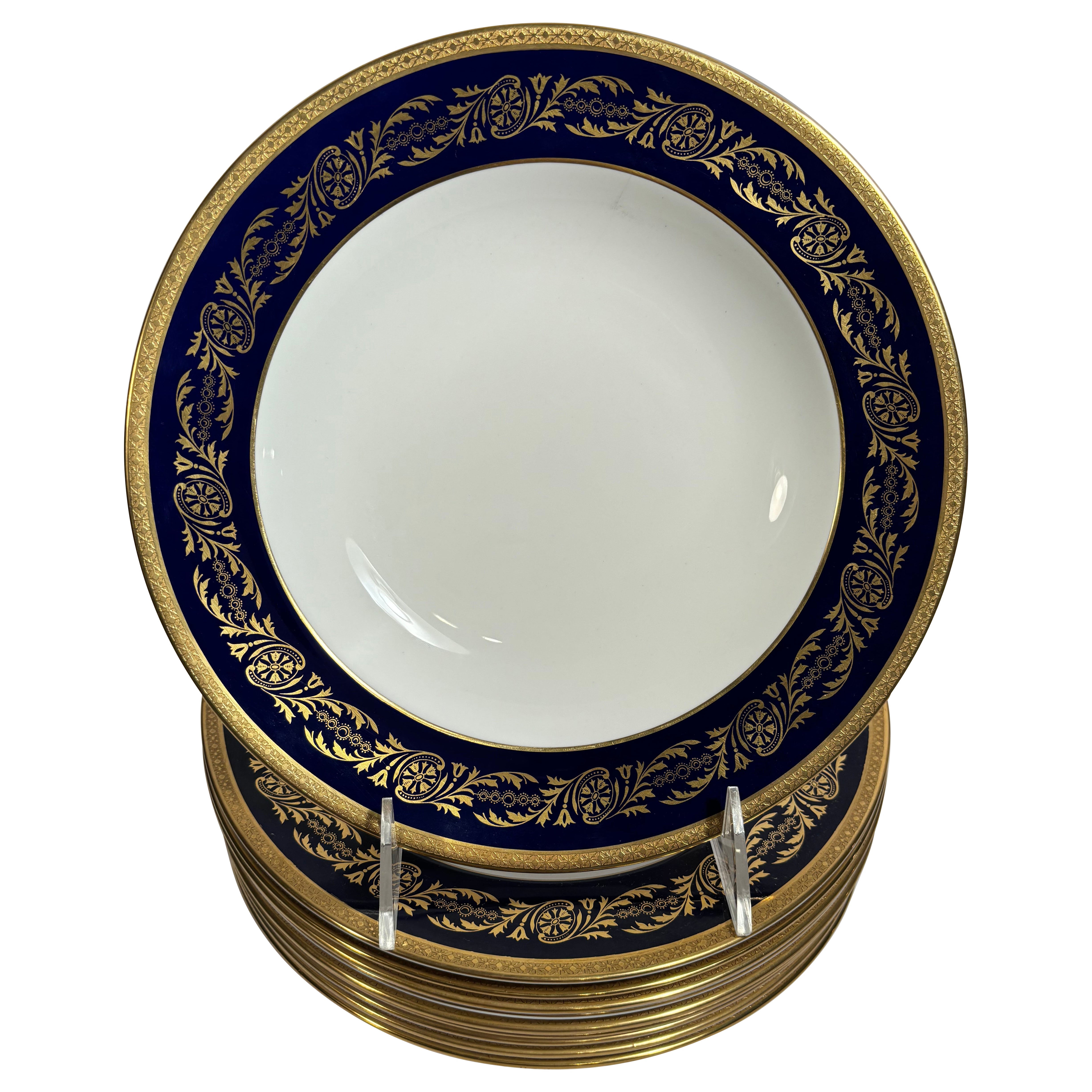 10 Vintage Cobalt Blue & Gold Rimmed Soup Bowls, Coalport England