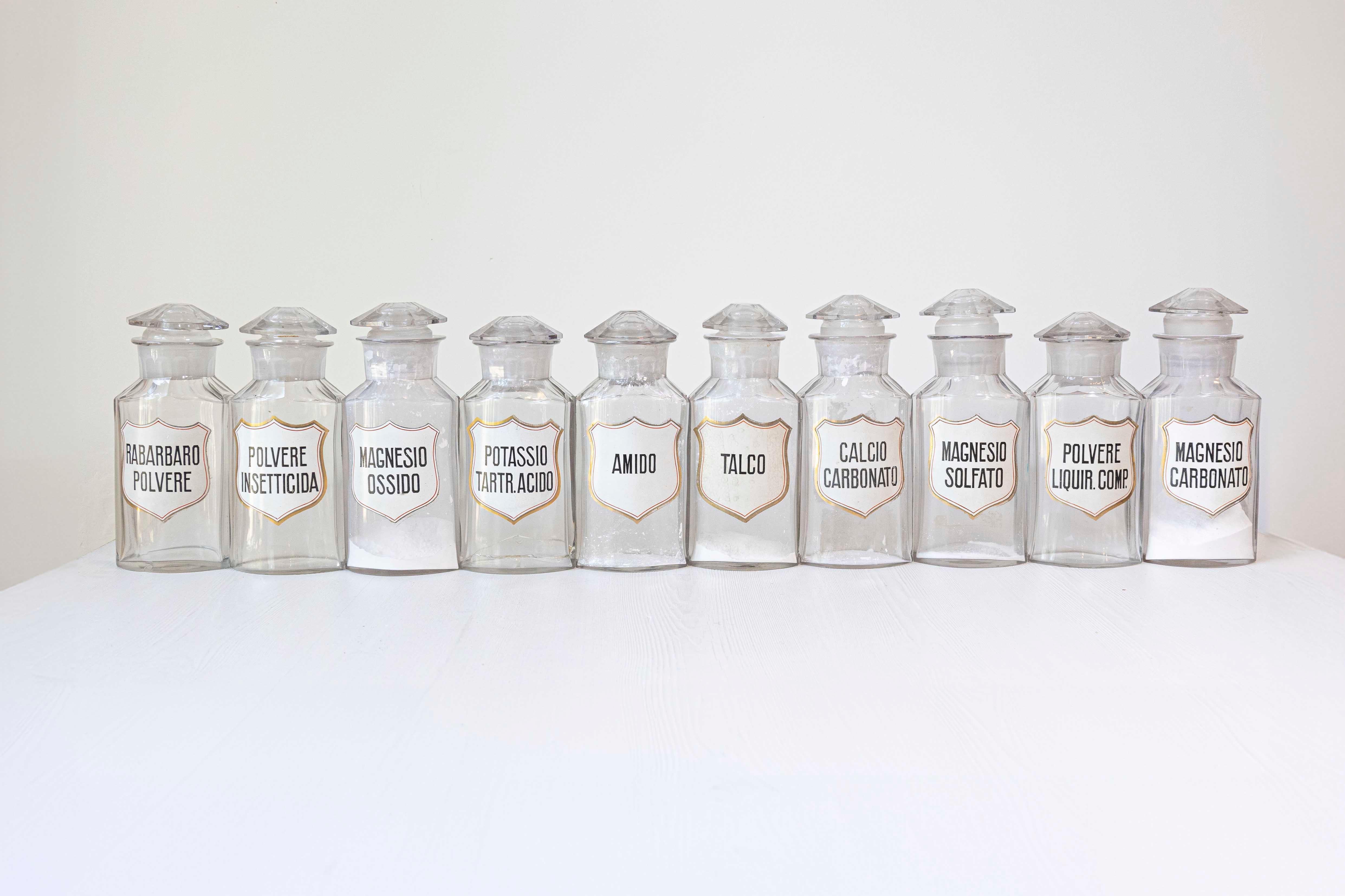 10 Vintage Italian Glass Pharmacy Jars with Labels, Sold Each For Sale 11