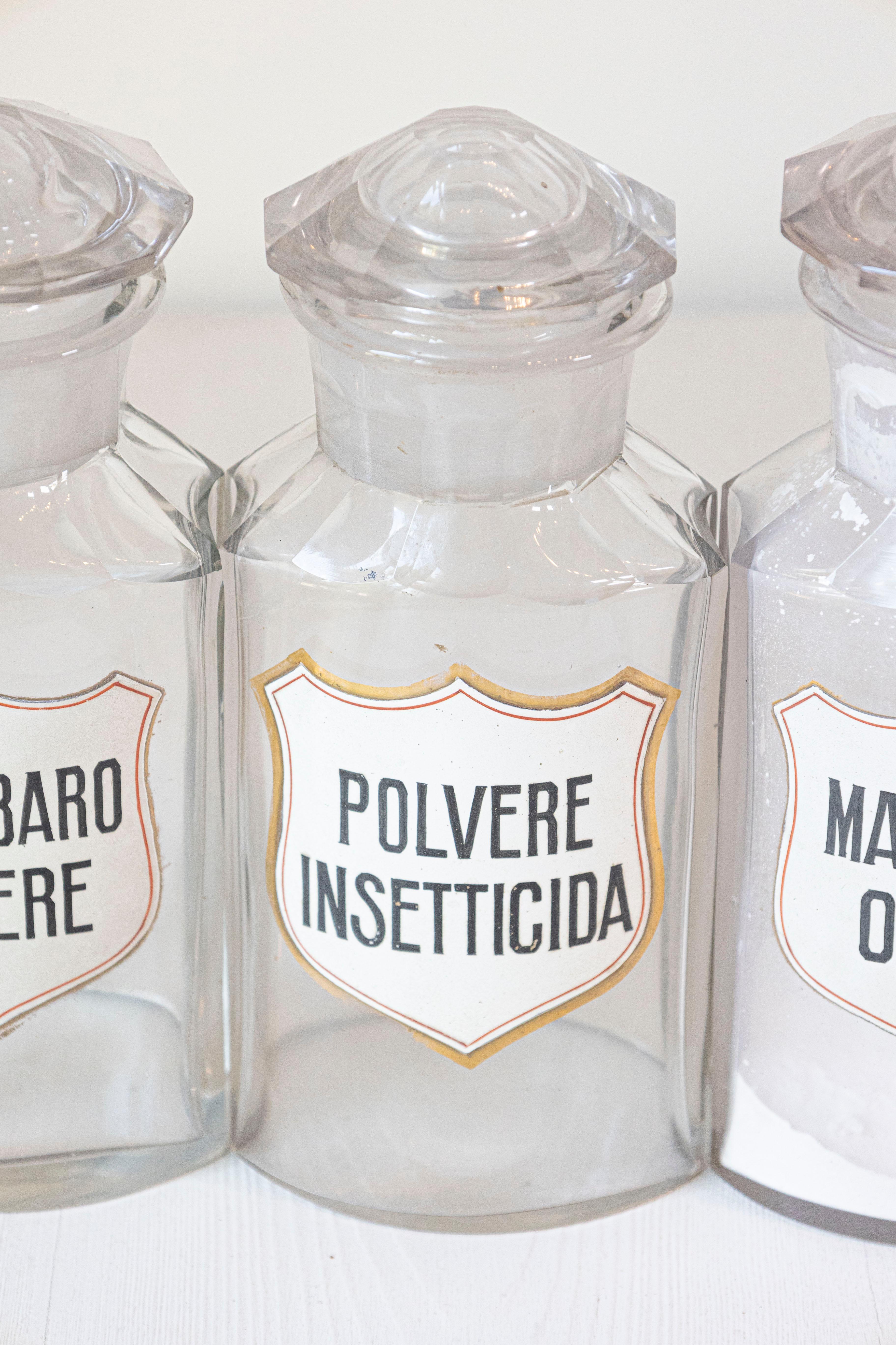 20th Century 10 Vintage Italian Glass Pharmacy Jars with Labels, Sold Each For Sale