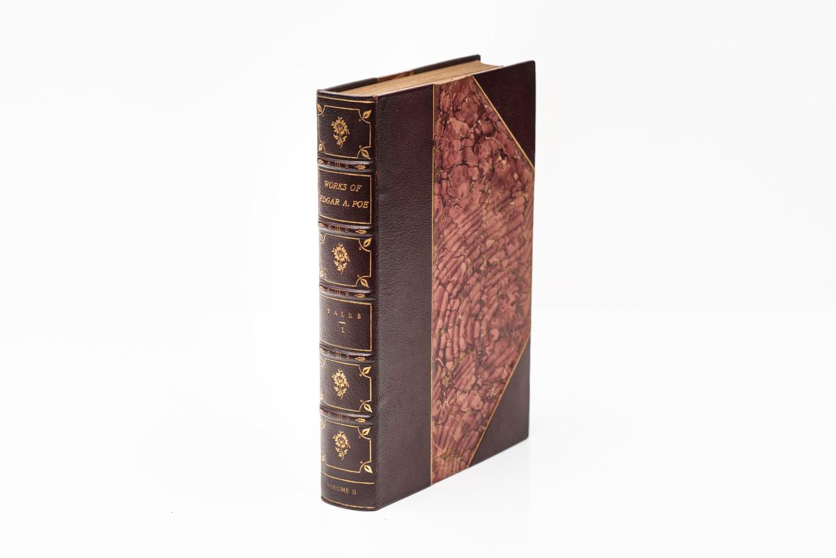 10 Volumes. Edgar Allen Poe, Complete Works. Bound in 3/4 maroon morocco with marbled boards. Gilt-tooling on the covers and ornate floral gilt-tooling on the raised spines. Deckled edges with top edges gilt. Marbled endpapers. Illustrated