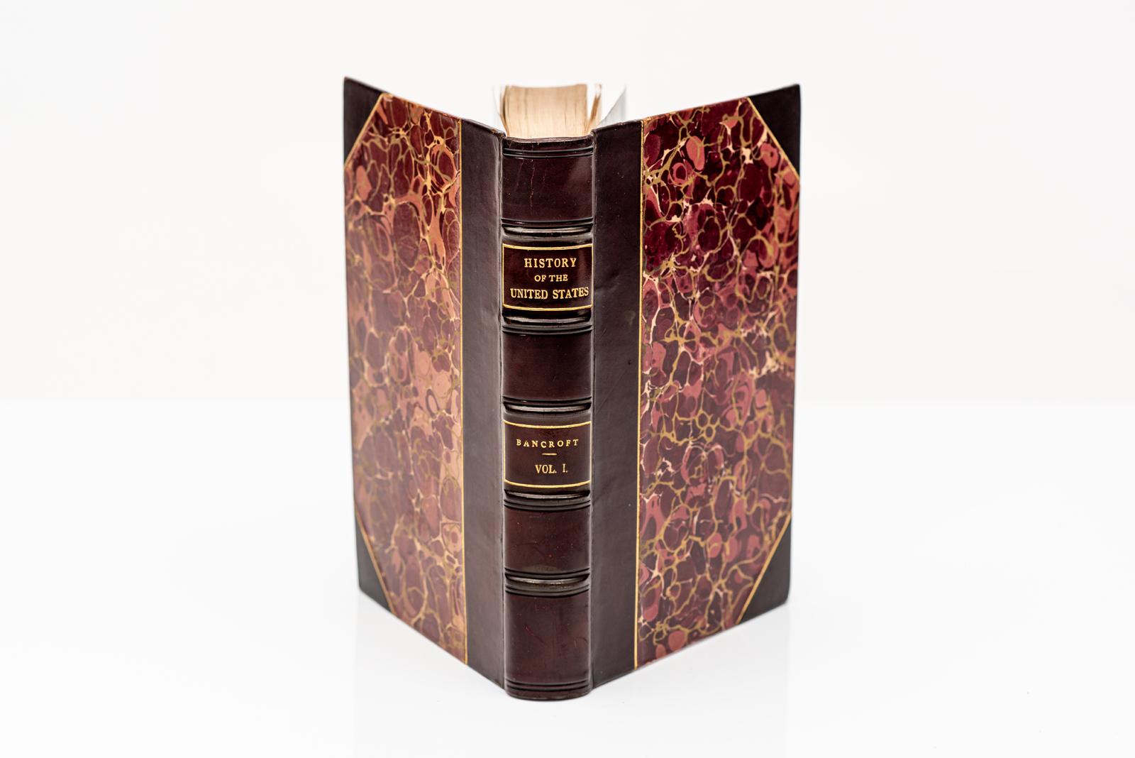 10 Volumes. George Bancroft. History Of The United States From The Discovery Of The American Continent. Bound in 3/4 wine calf, marbled boards and endpapers, top edges gilt, raised bands, titles in gilt, illustrated,(some minor foxing on a few