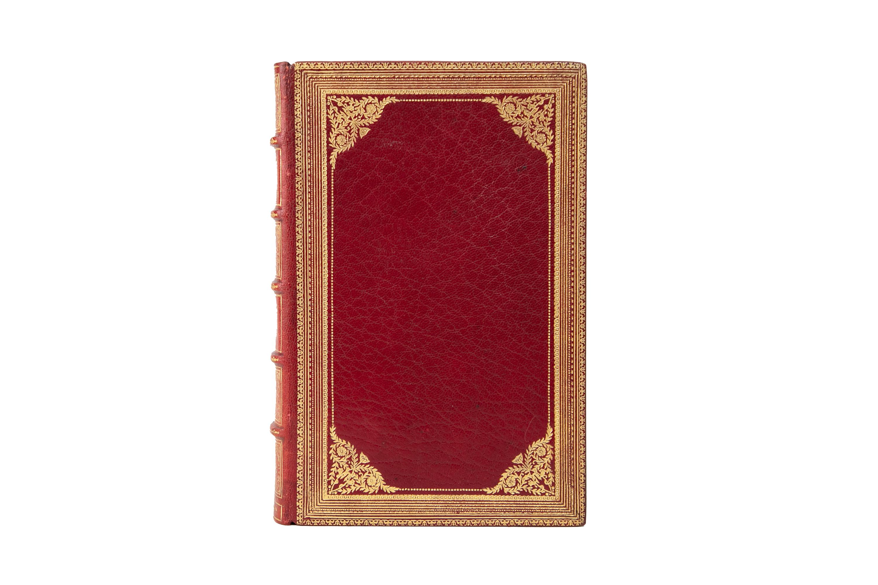 10 Volumes. James Boswell, Life of Samuel Johnson & Journal of the Tour to the Hebrides. Temple Bar Edition. Bound in full red morocco with ornate gilt-tooled detailing on the covers. Raised band spine with ornate floral gilt-tooled detailing. Top