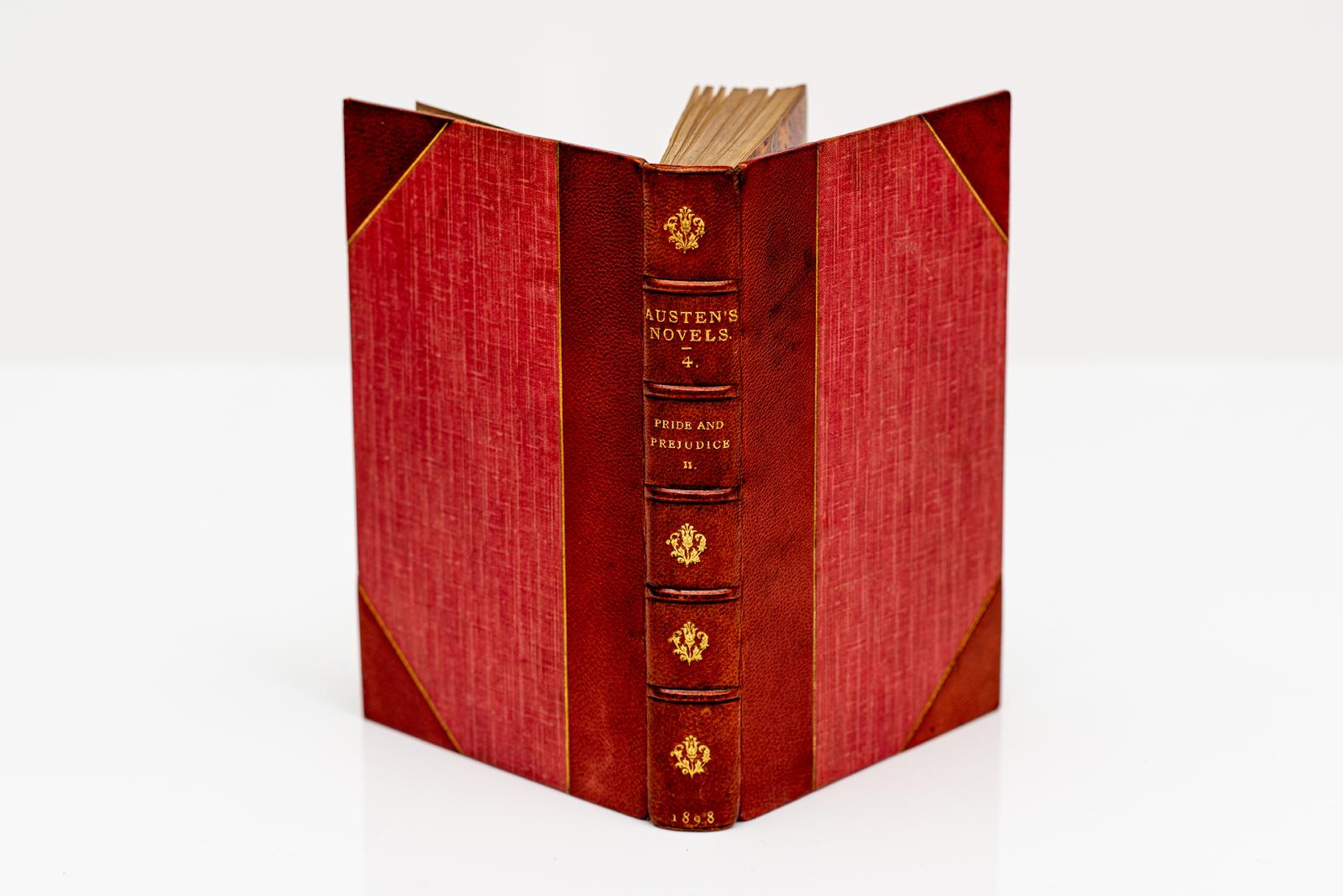 10 Volumes. Jane Austen. Novels. Edited by Reginald B. Johnson. Bound in 3/4 tan morocco with linen boards, raised bands, gilt panels, top edges gilt, marbled endpapers. Illustrated in color by C.E. & H.M. Brock. Published: London: J.M. Dent, 1898.