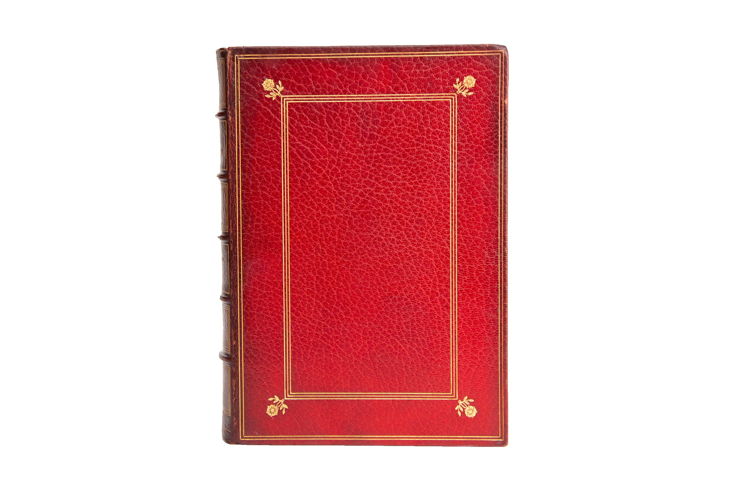 10 Volumes. Walt Whitman, The Complete Writings. Paumanok Edition. Bound in full red morocco with the covers displaying bordering and corner floral details in gilt tooling. Raised bands gilt with panels displaying bordering, floral details, and