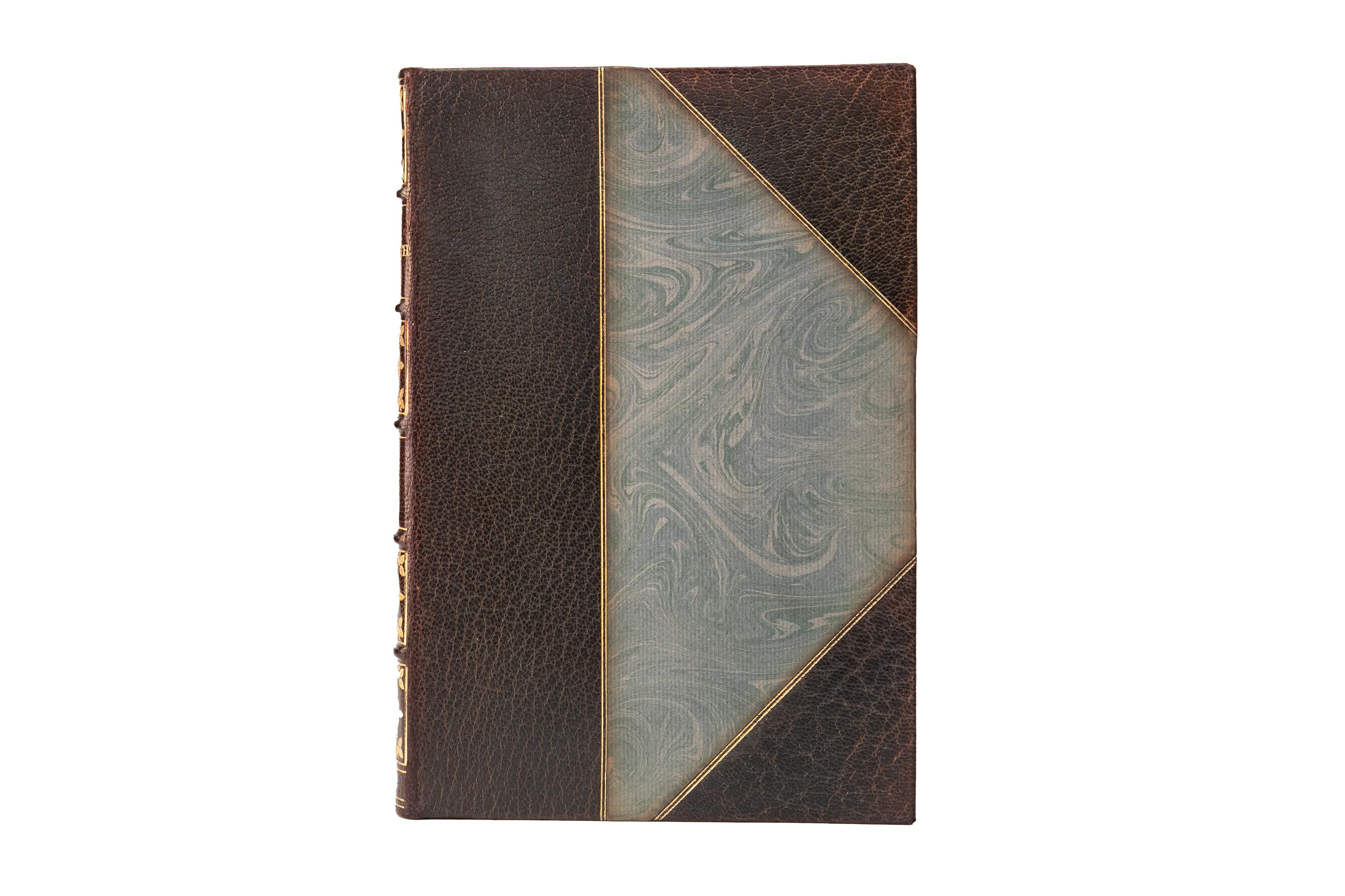 10 Volumes. William Wordsworth, The Complete Poetical Works. Large Paper Edition. Bound in 3/4 brown morocco and marbled boards. The covers and raised band spines are decorated with gilt-tooled detailing. The top edges are gilt with marbled