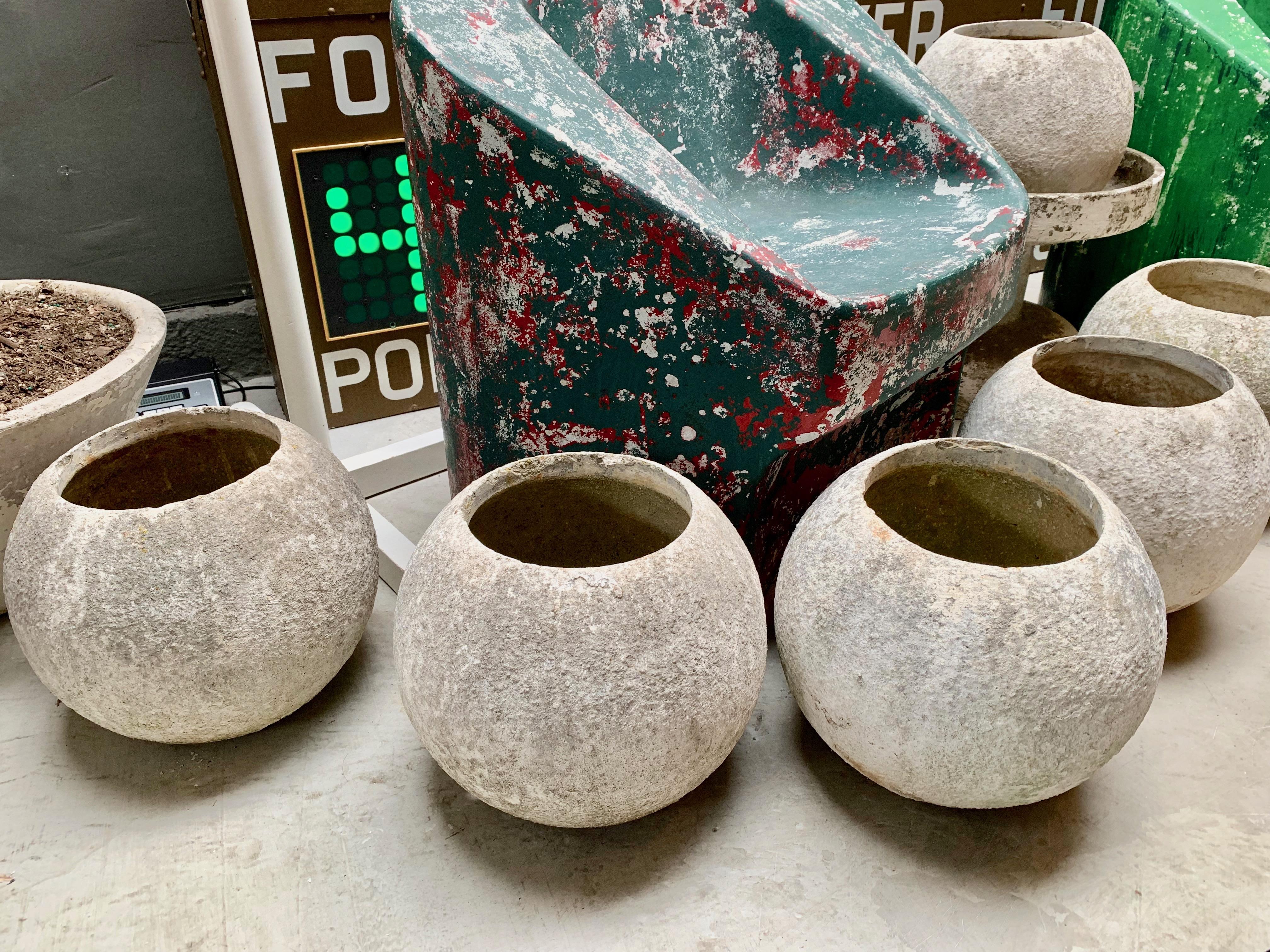 Stunning set of concrete ball planters by Willy Guhl. Never seen before. Great patina to each planter. Concrete balls are 13.5