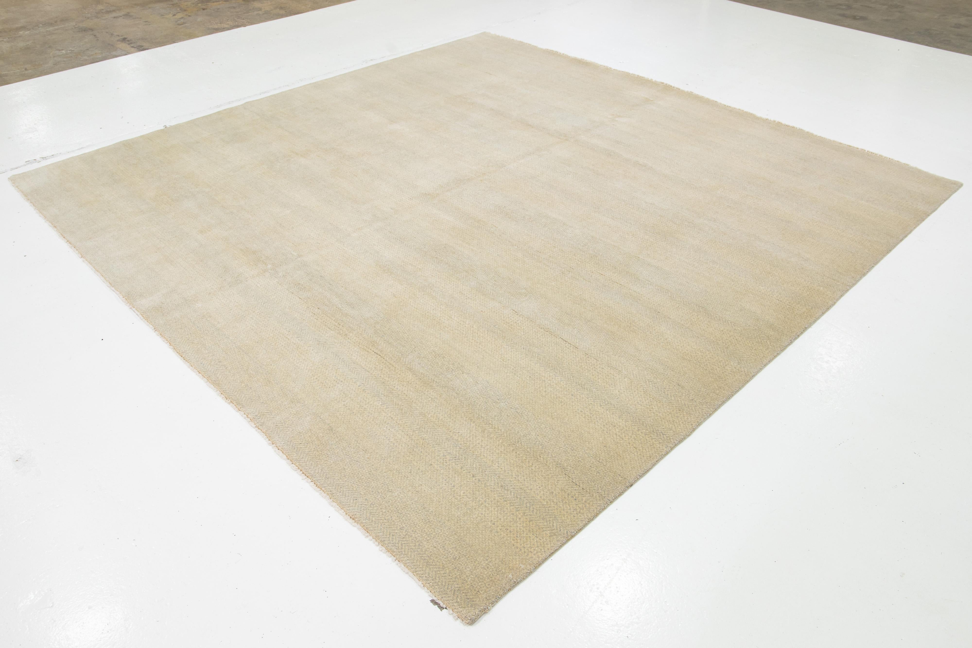 Indian 10 x 10 Modern Organic Savannah Style Wool Rug In Beige With Geometric Pattern For Sale
