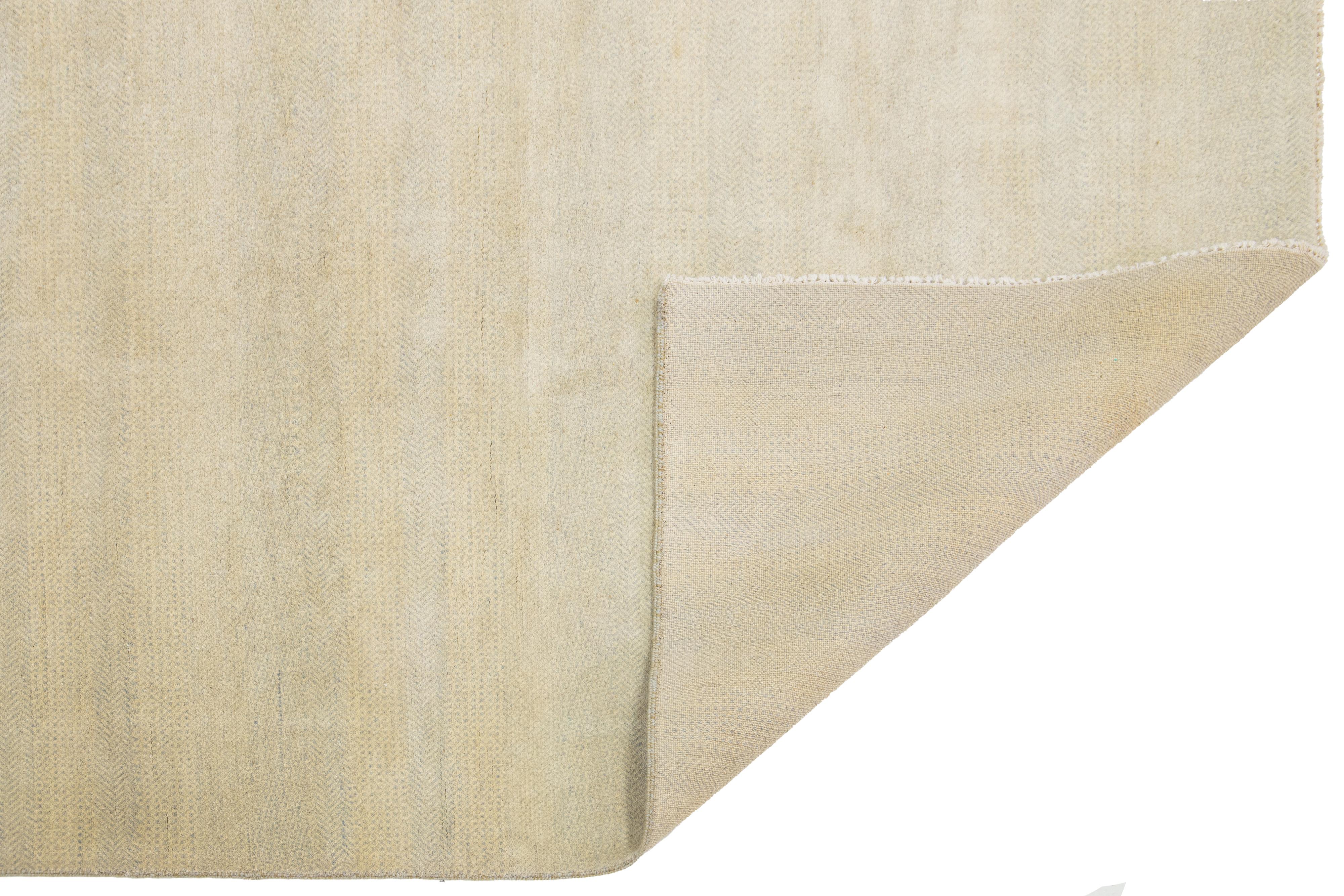 Hand-Knotted 10 x 10 Modern Organic Savannah Style Wool Rug In Beige With Geometric Pattern For Sale