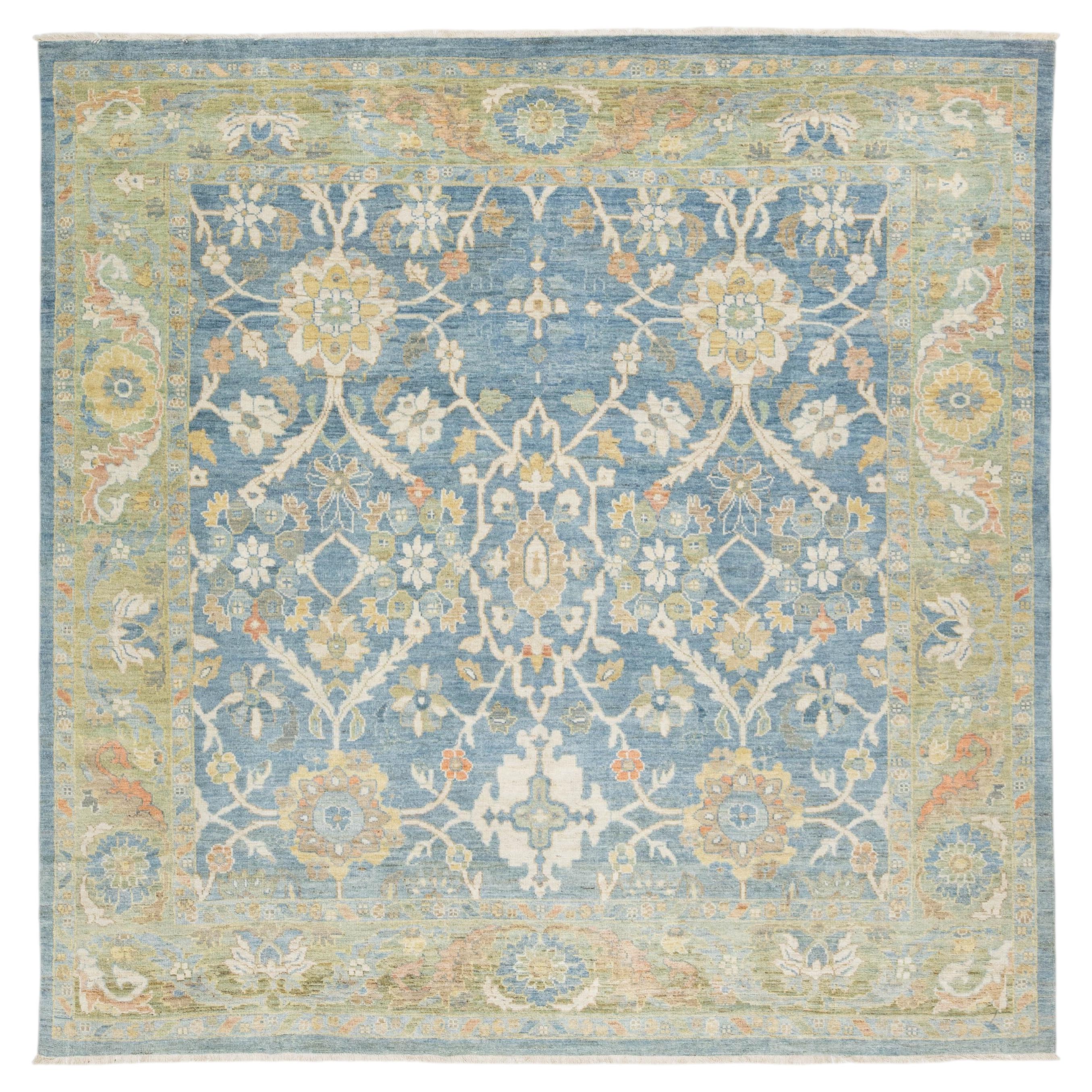 10' x 10' Modern Sultanabad Hand-Knotted Wool Area Rug - Slate Blue & Sage For Sale