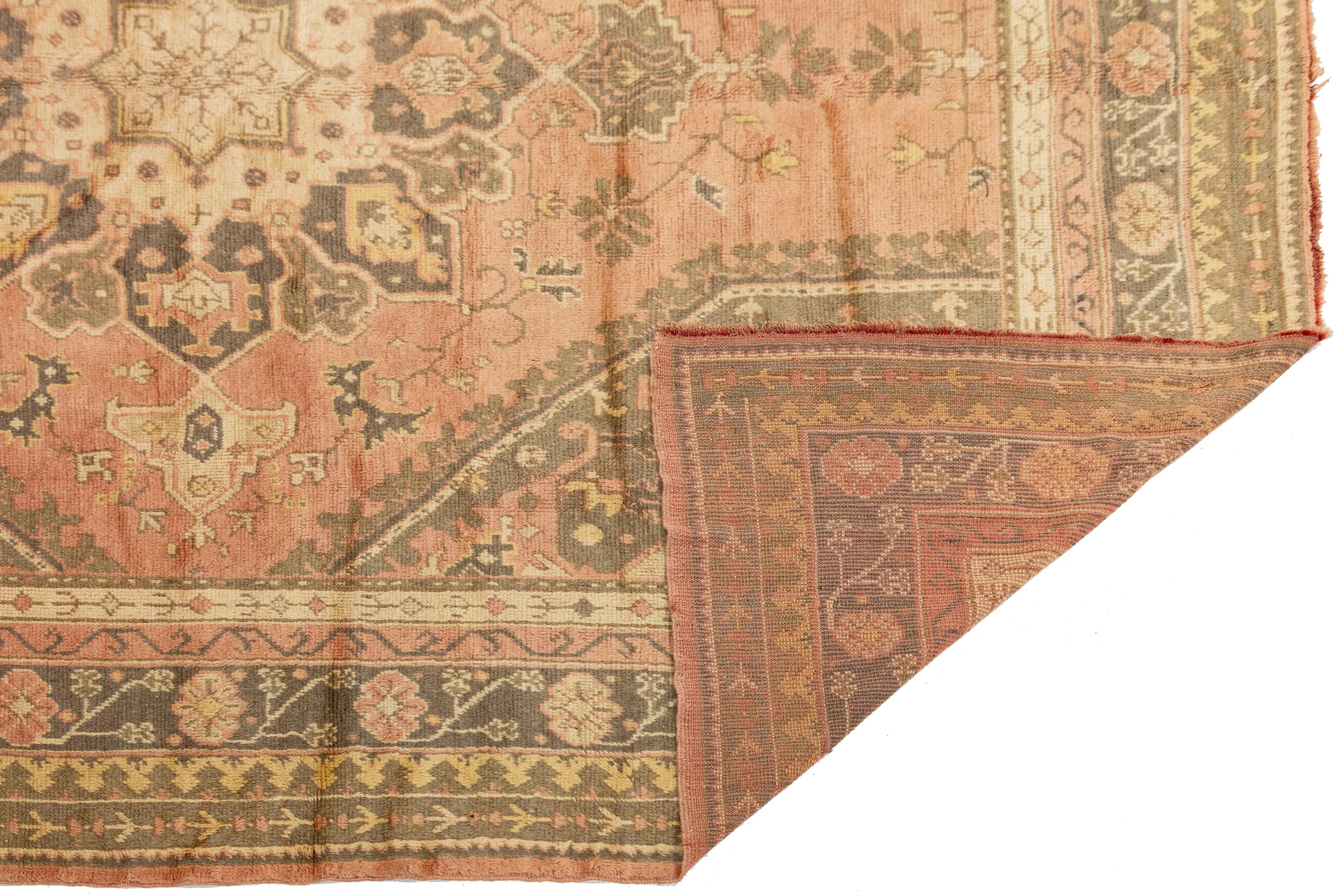 10 x 11 Turkish Oushak Antique Wool Rug In Peach With Medallion Motif Turco en venta
