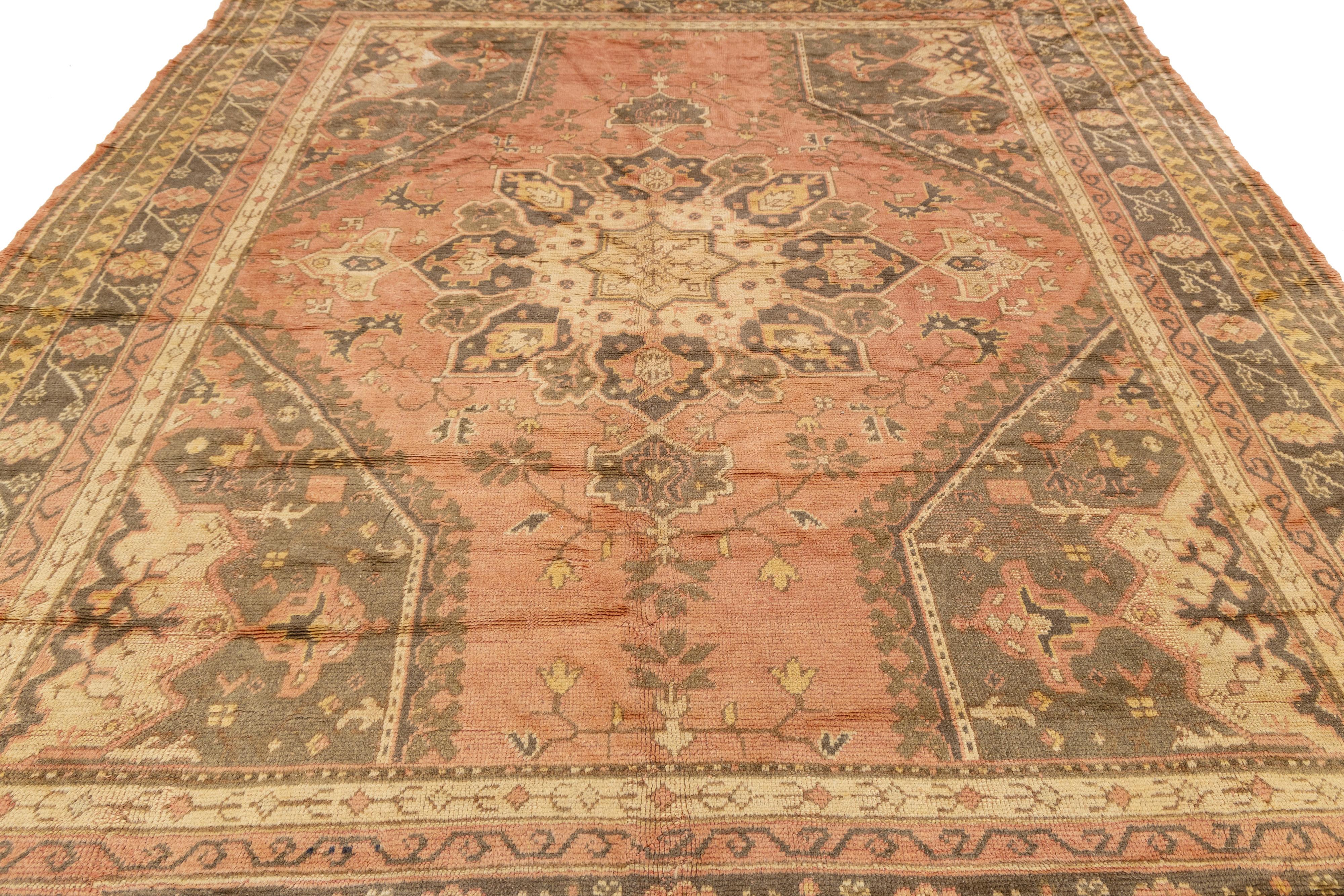 10 x 11 Turkish Oushak Antique Wool Rug In Peach With Medallion Motif Lana en venta