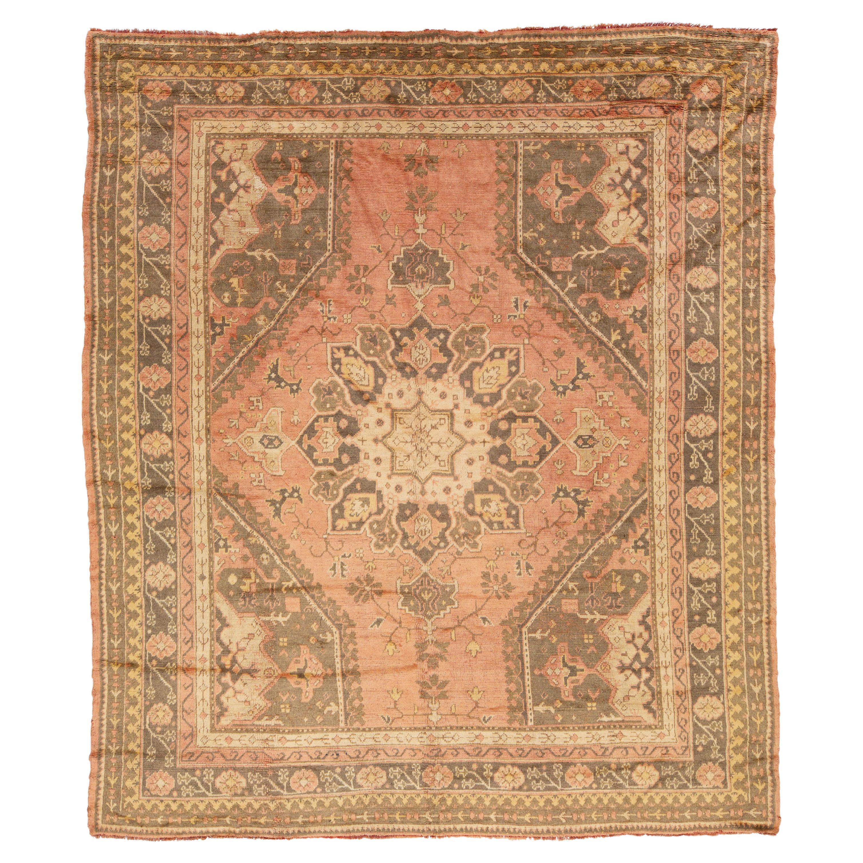 10 x 11 Turkish Oushak Antique Wool Rug In Peach With Medallion Motif