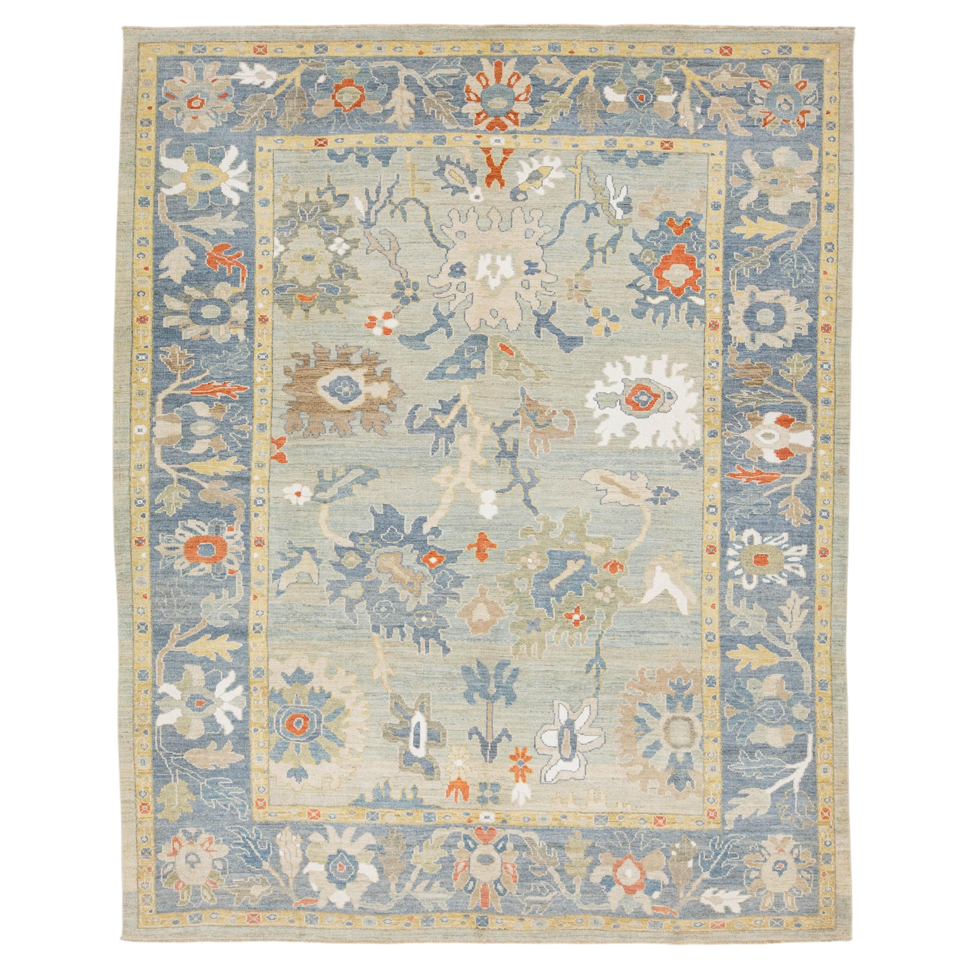 10 x 12 Hand-Knotted Modern Sultanabad – Slate Blue & Sage Wool Area Rug