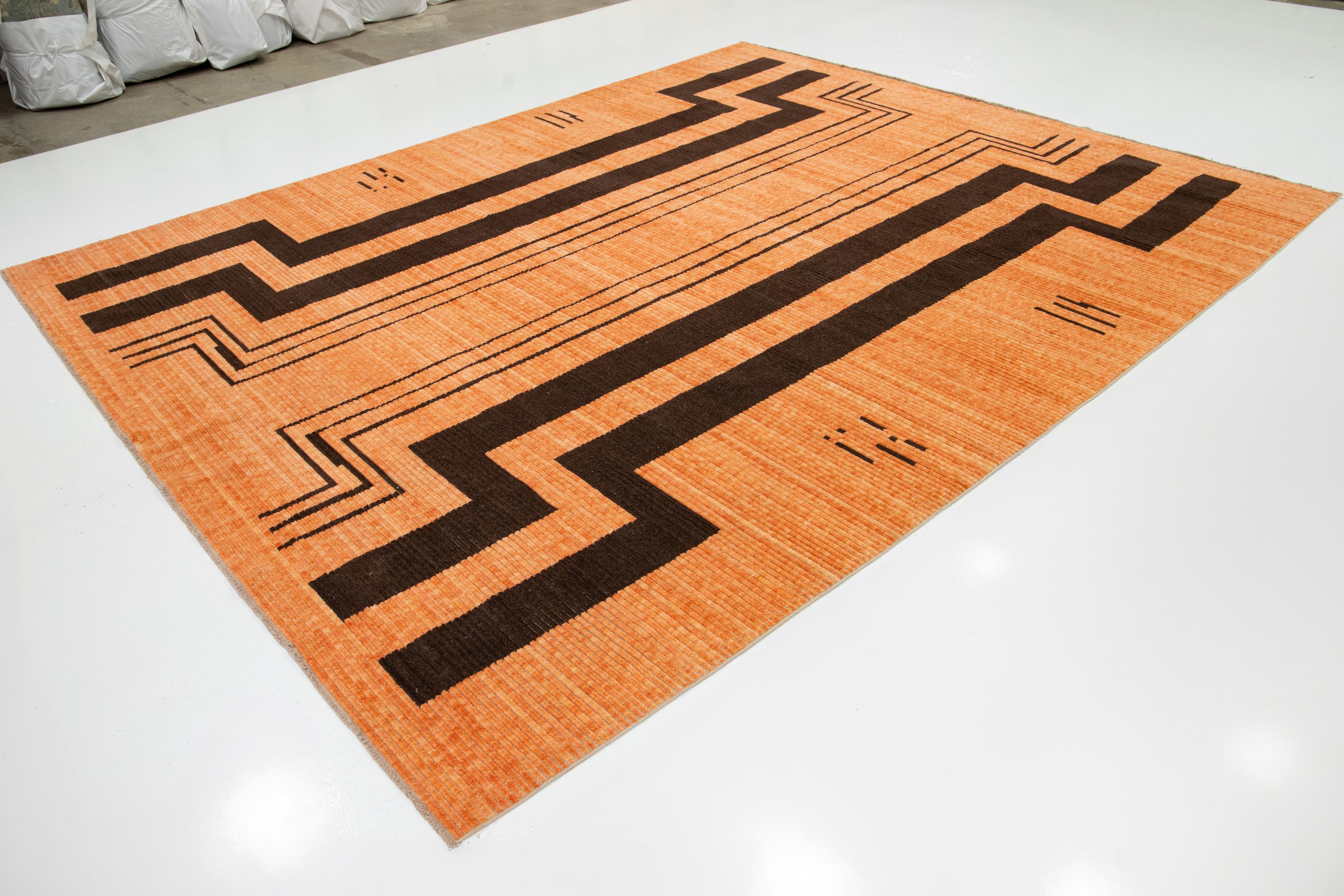 10 x 12 Moderner handgewebter, entworfener Wollteppich in Orange (Türkisch) im Angebot