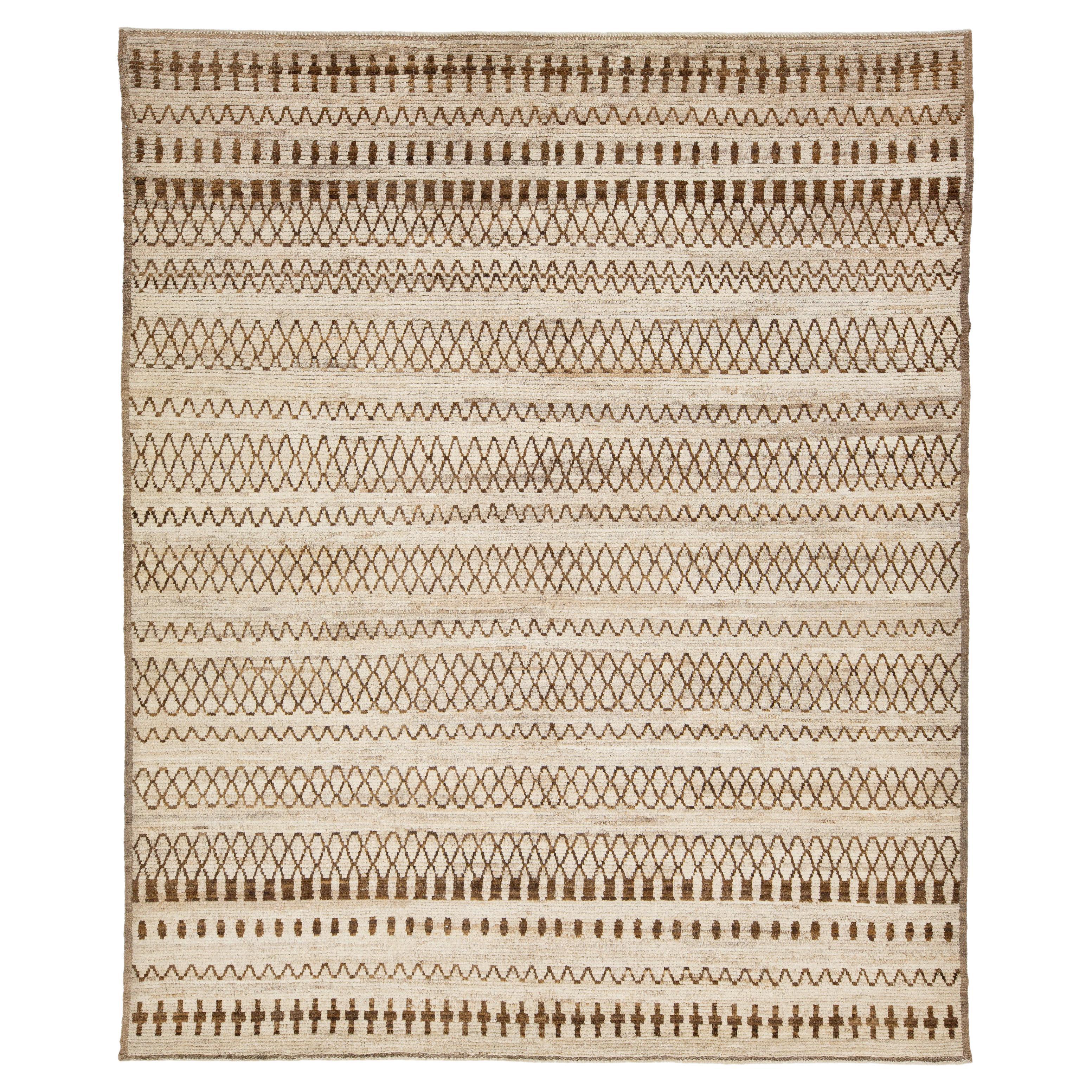 10 x 12 Modern Moroccan Wool Rug In Brown with Geometric Tribal Motifs